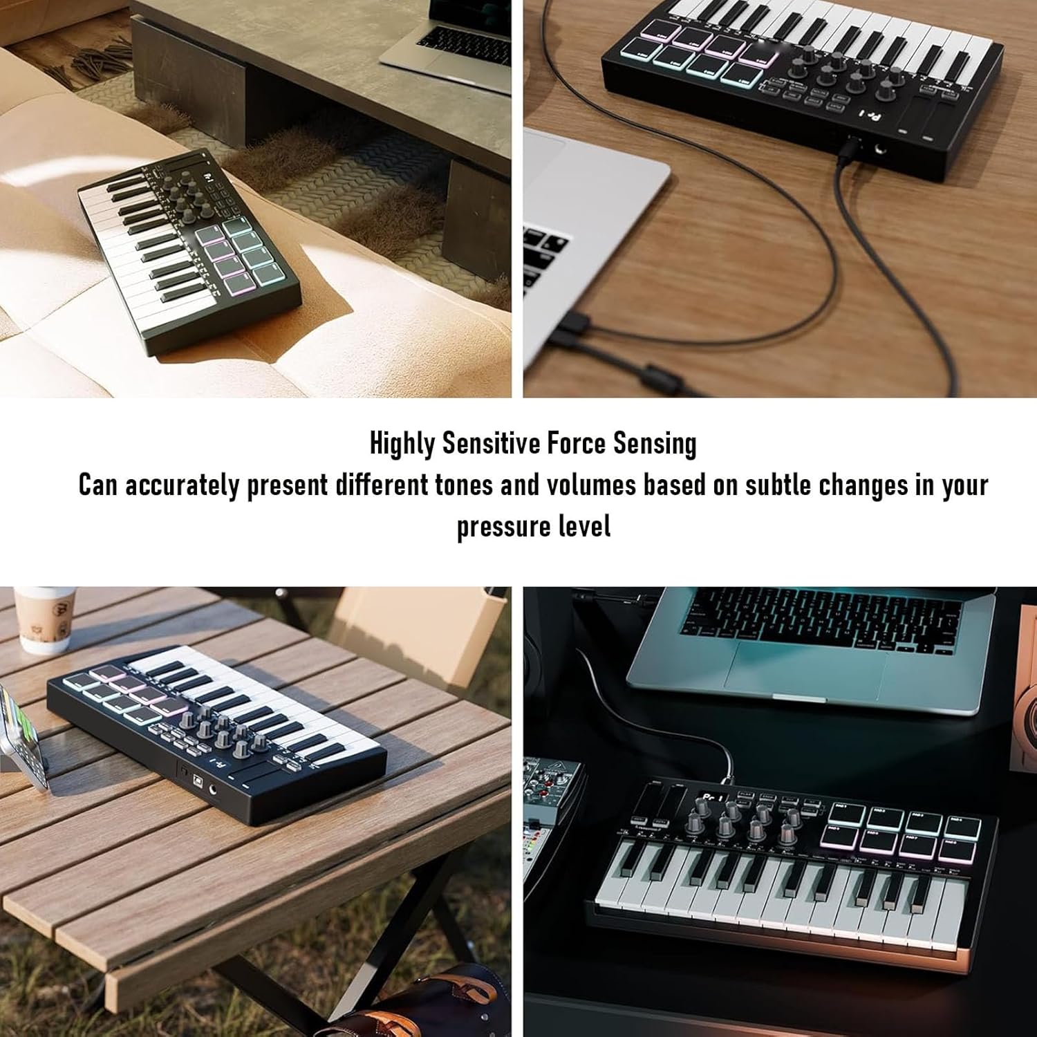 Focket MIDI Keyboard, 25 Force Sensing Keys 8 RGB Backlit Pads 8 Knobs 2 Touch Strips with Wireless Connectivit for Music Production Live FL Studio Cubase Logic Pro X