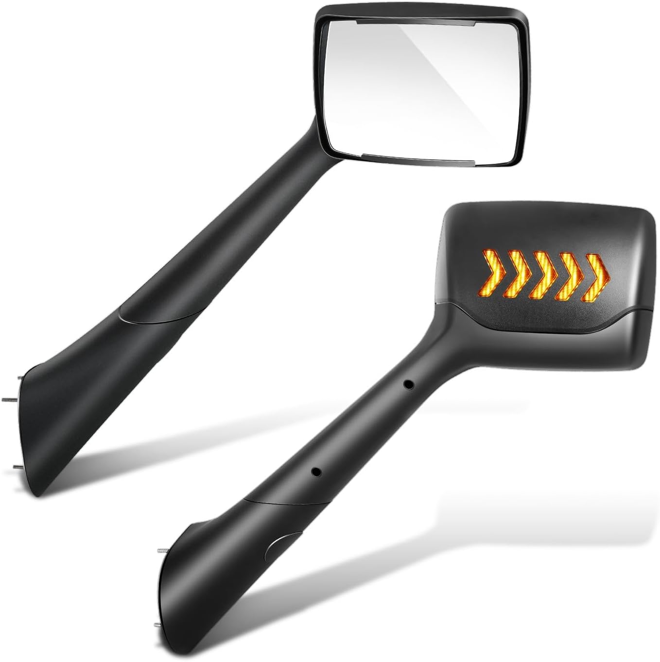 DNA MOTORING Pair of Hood Side View Mirror Compatible with 2022-2025 Peterbilt 579, Injection Molded Satin, Chevron Arrow Style LED Turn Signal Hood Mirror, Black, MIRROR-HAY-023-BK