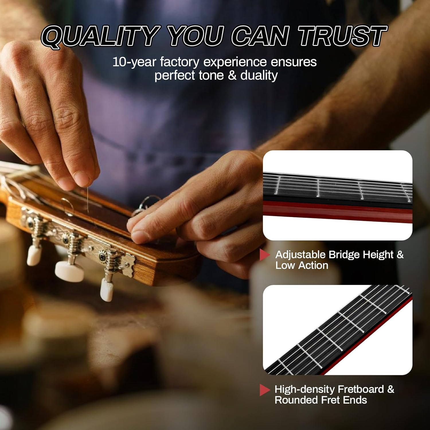 Classical Guitar Full Size 4/4 Spanish Style Classical Guitarra, 39 Inch Nylon Strings Guitar Ideal for Beginner Adults, Solid Rosewood Red, by Vangoa