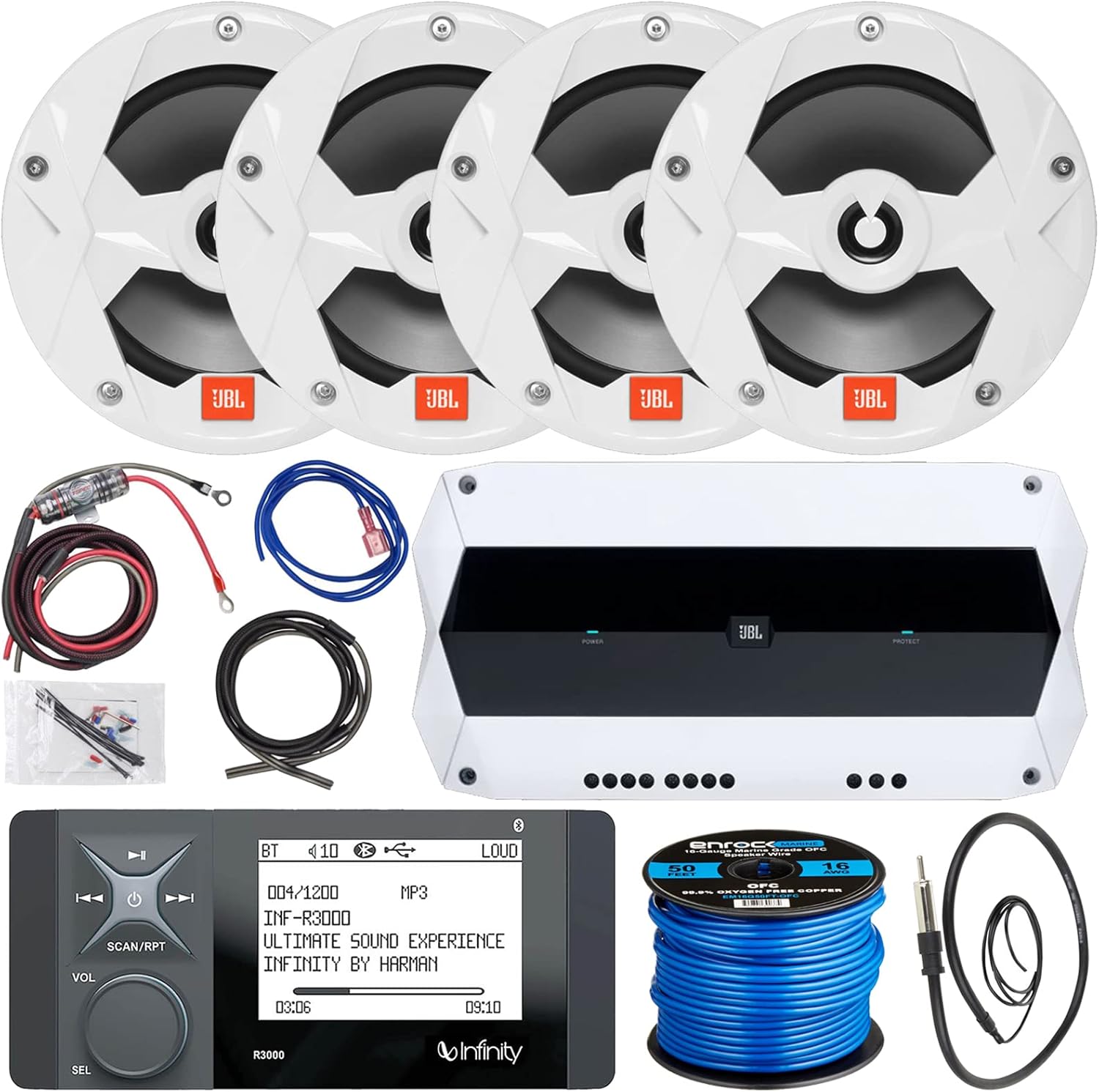 Great 21' - 29' Pontoon Boat Audio System: Bluetooth Radio Marine Receiver Bundle Combo with 4X 6.5 2-Way 225W OEM Replacement White Weather-Resistant Speakers, 4 CH Amp w/Kit, Speaker Wire, Antenna