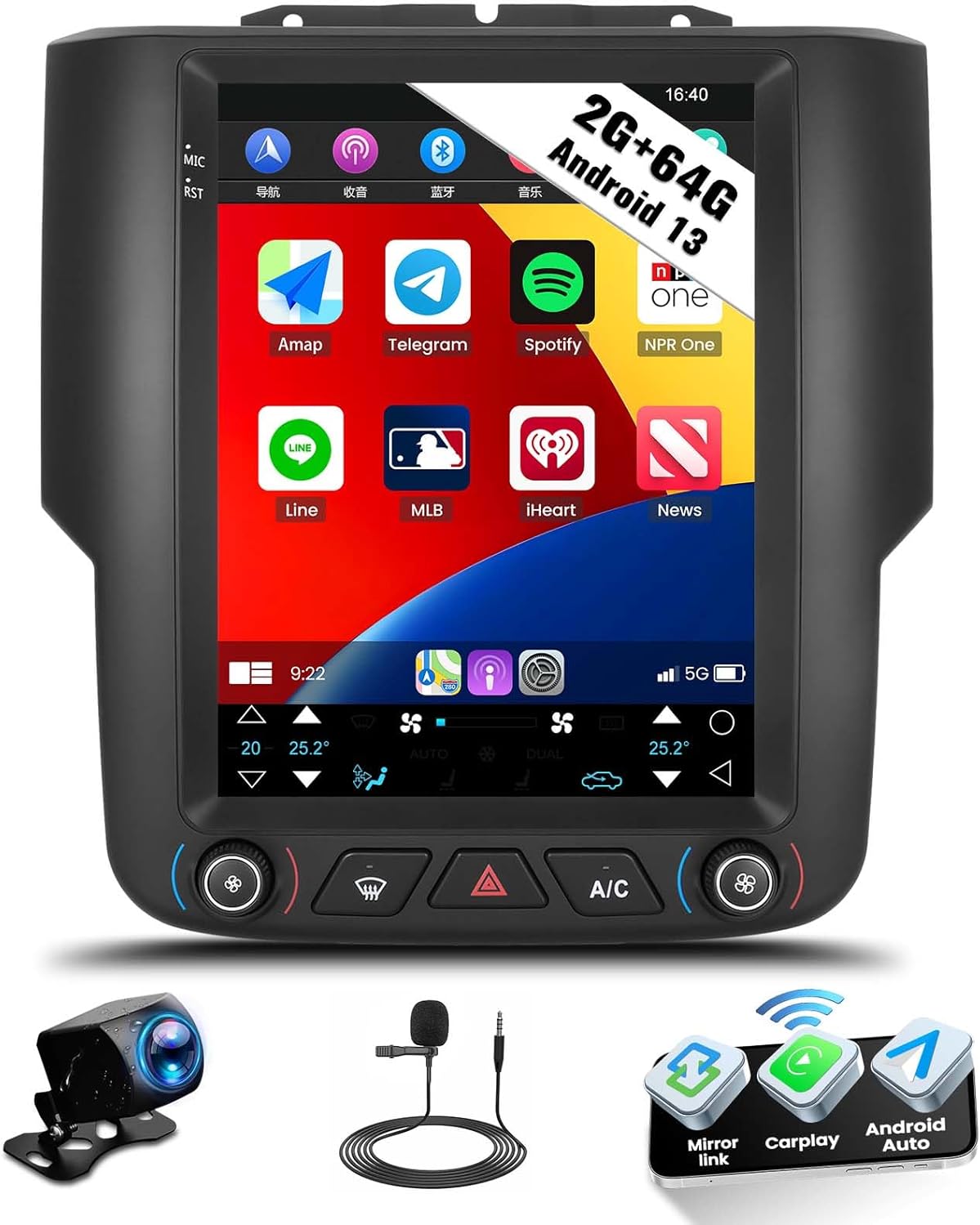 SIXWIN Android Car Stereo for Dodge Ram 2013-2018 2G+64G 9.7 Inch Touch Screen Car Radio with Wireless Carplay Android Auto GPS Navigation Bluetooth FM WiFi HiFi MIC