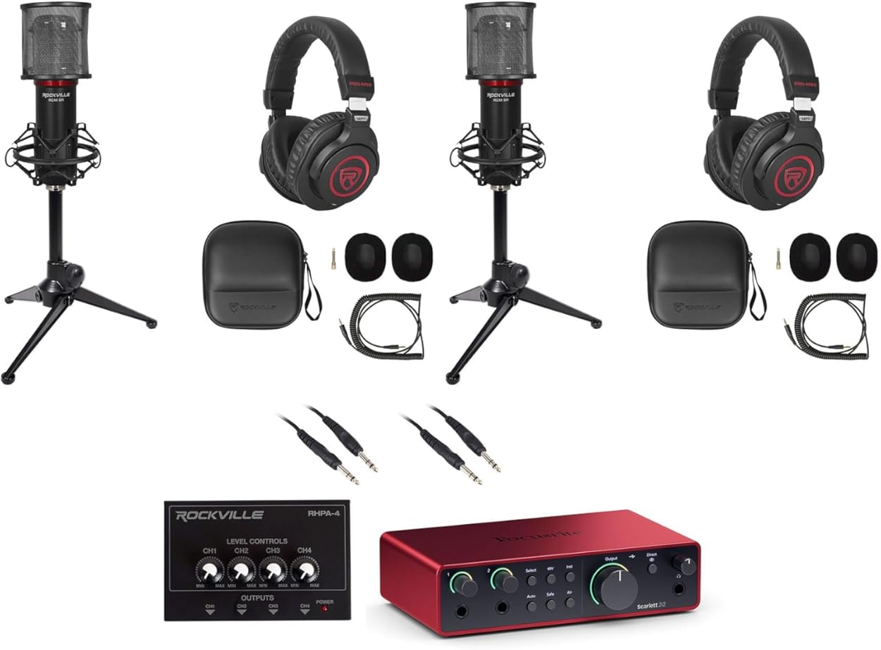 Audiosavings Bundle: Focusrite Scarlett 2i2 4th Gen USB Audio Interface Bundle with Rockville RHPA4 4 Ch Amp+(2) RDTS Stand+RCTR106B Cable+(2) RCM SR Studio Mic+(2) PRO-M50 SR Headphones (9 Items)