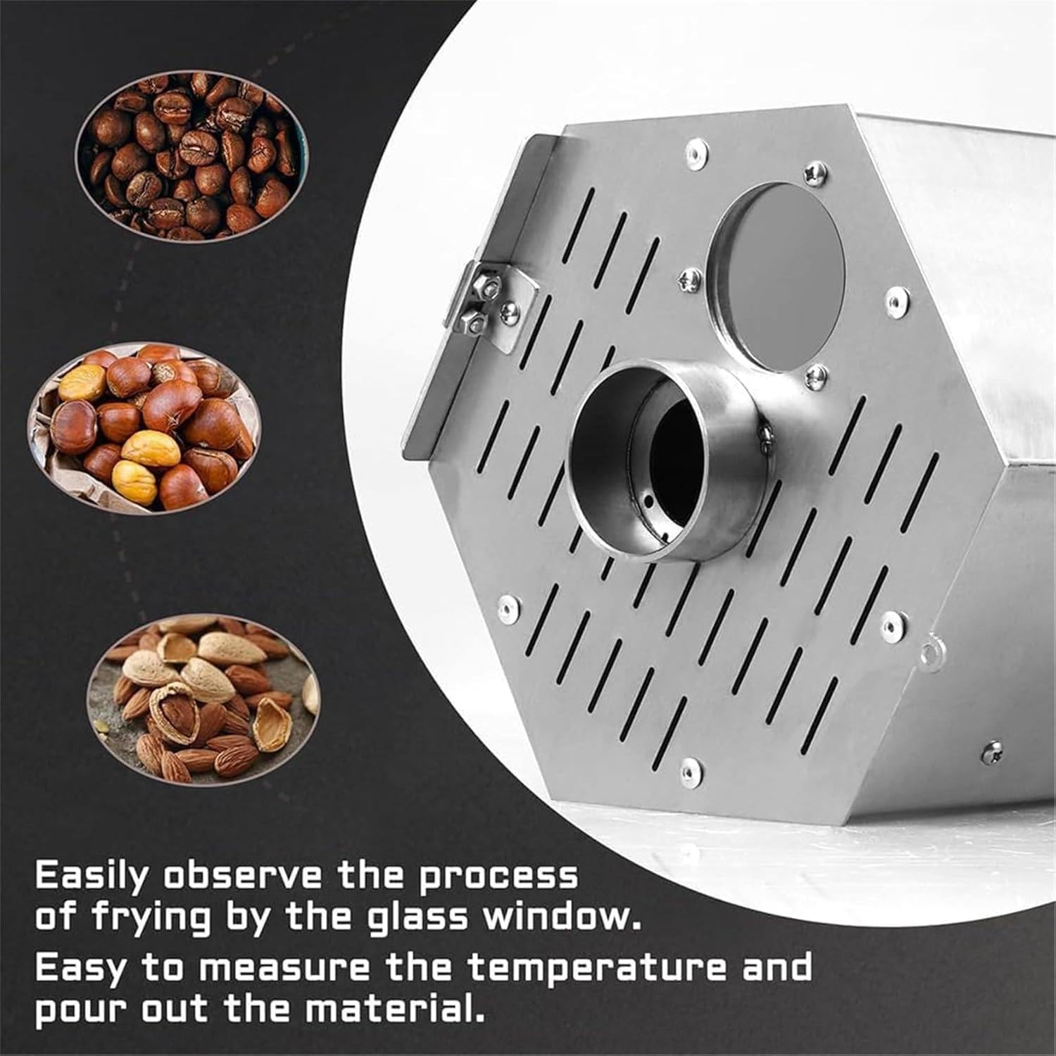 3.4l Stainless Steel Coffee Bean Roaster,Drum Gas Coffee Bean Baker Roasting Machine with Thermometera,5-55rpm/Min Speed and 1.7〜2.2lb/Bake Capacity,360° Constant Temperature
