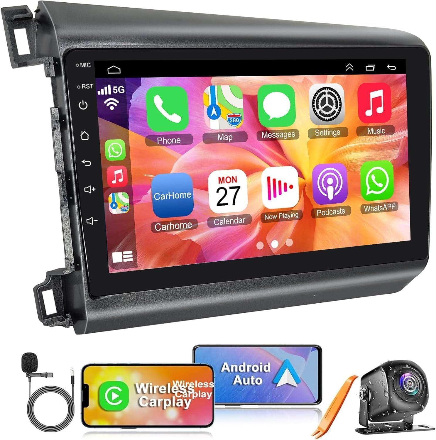 4G+64G Car Radio for Honda Civic 2012-2015 with Wireless Carpaly & Android Auto,9 Inch IPS Touch Screen Car Stereo with GPS Navigation/Bluetooth 5.2/FM/Backup Camera/WiFi/SWC/HiFi