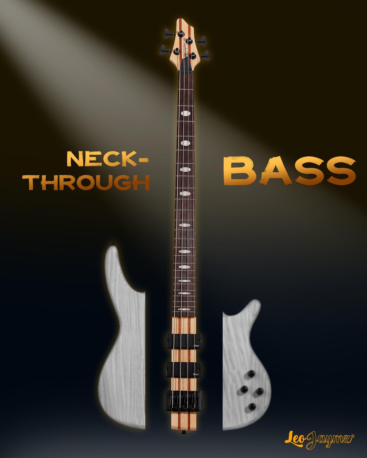 Leo Jaymz Solid Body 4-String Bass Guitar, Solid ASH Body with Maple and Sapele Neck, Laurel Fingerboard, Dual Humbucker Pickups, 34-Inch Scale, 24 Stainless Steel Frets for Studio & Live Performance