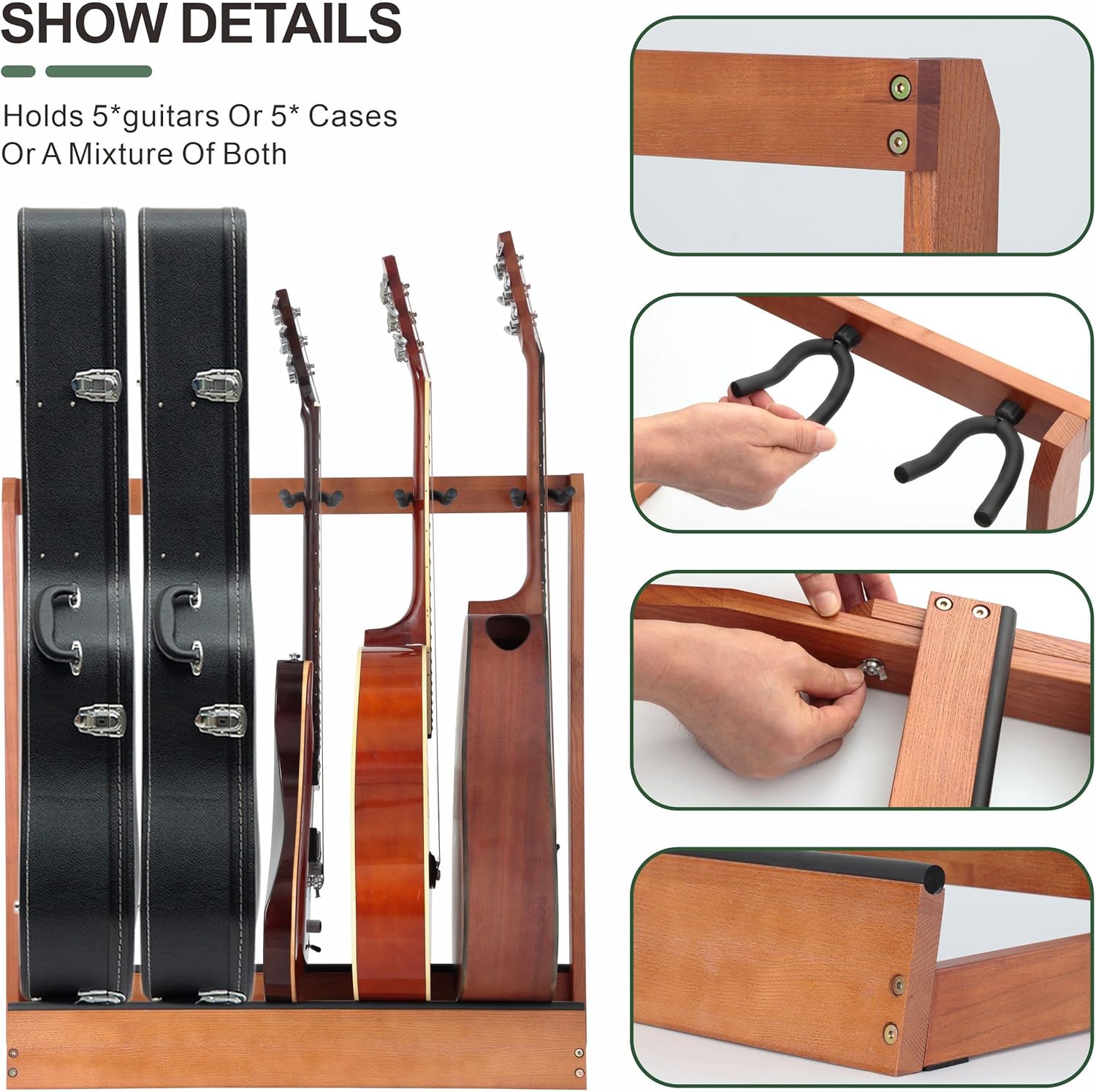 Nefelibata Multiple Guitar Stand 5 Holders Wooden Guitar Stands Floor Rack for Guitars and Case,Electric,Acoustic Guitar, Bass, Cello-German Ash wood