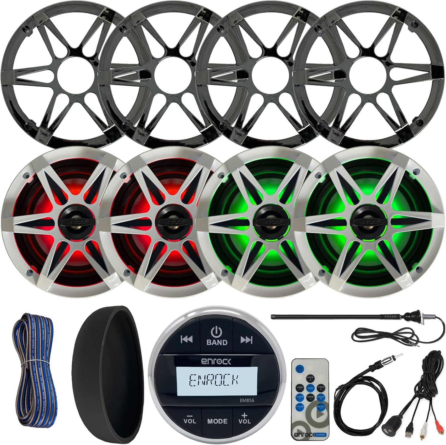 Enrock Marine Gauge Style Bluetooth Receiver Bundle with 4X 6.5 Waterproof 2-Way Multicolor LED Speakers with Chrome/White Grilles, LED Remote, Radio Cover, 2X Antennas, USB/AUX Interface, Wire