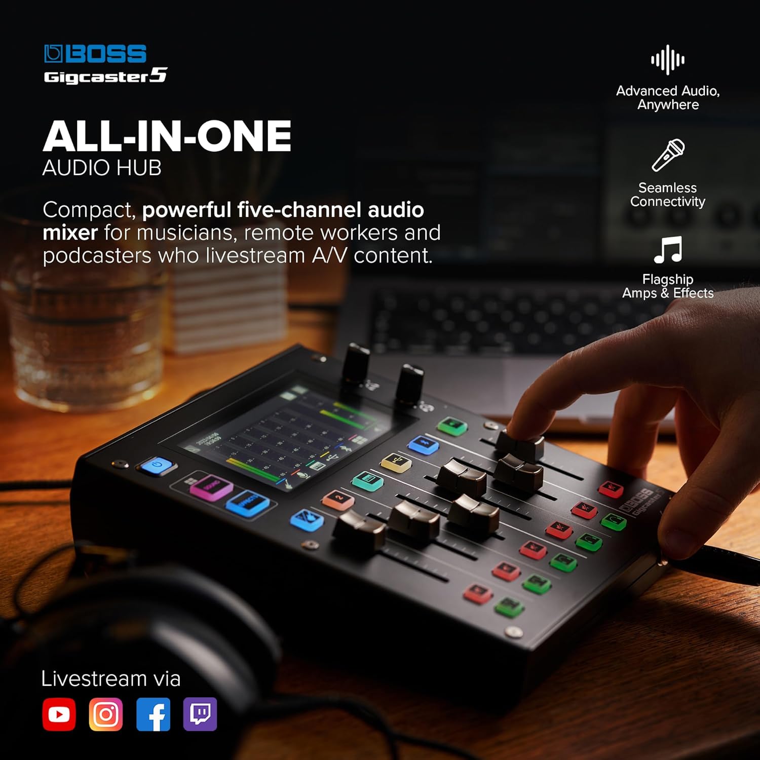 BOSS Gigcaster 5 Compact 5-Channel Audio Streaming Mixer with Direct Guitar/Bass Input | 2 XLR Mic Inputs | Stereo Line Input | 8 Touchscreen SFX Pads | 16x12 USB Audio Interface