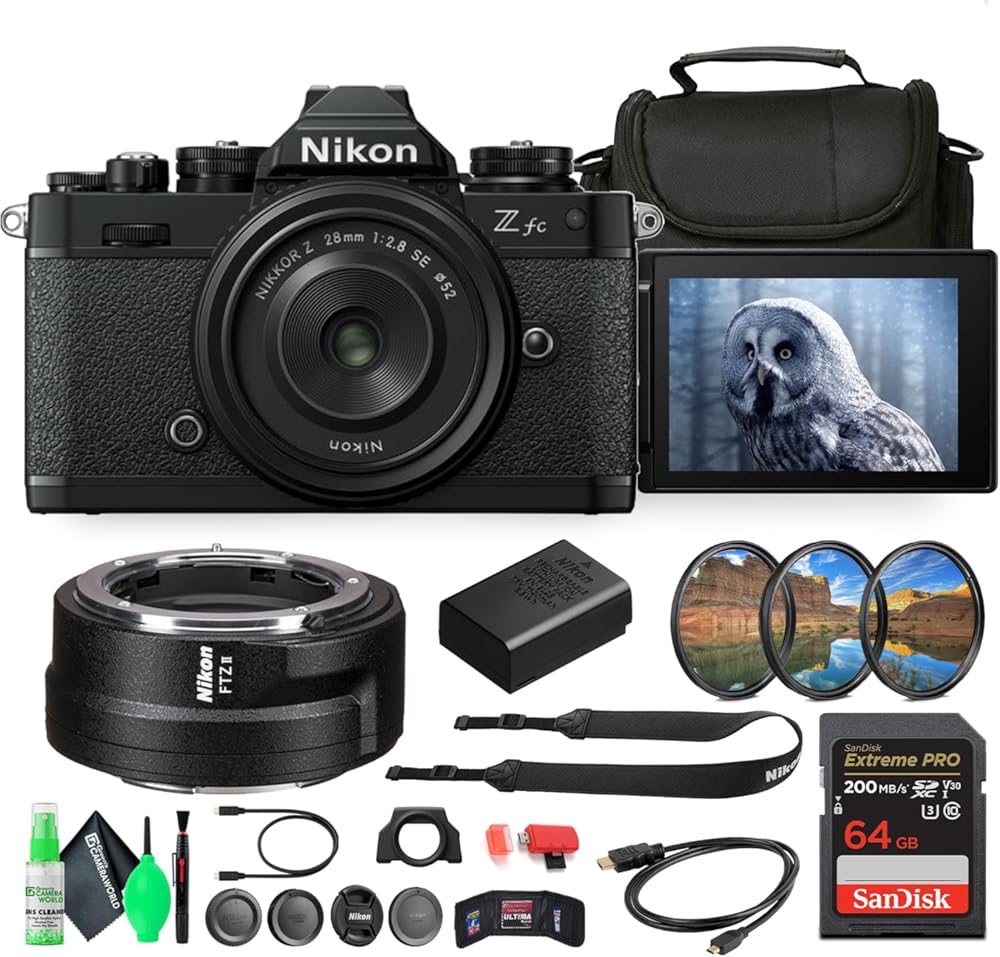 Nikon Z fc DX-Format Mirrorless Camera with NIKKOR Retro Style Z 28mm f/2.8 (SE) Lens (1673B) + Nikon FTZ II Mount Adapter + 64GB Memory Card + Camera Bag + Cleaning Kit + More (Renewed)