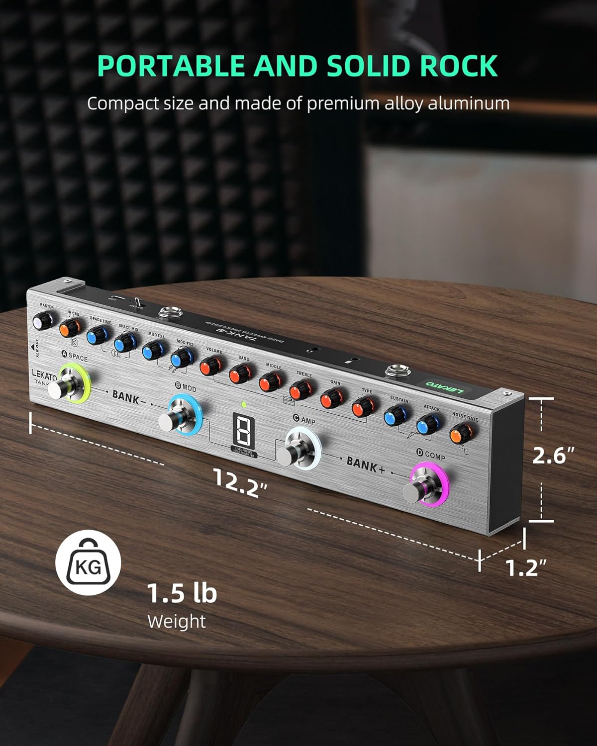 LEKATO Bass Multi Effects Pedal, Bass Effects Pedal with 36 Presets, Editable 4 Modules, Amp, Compressor, Mod, Space, Reverb, IR CAB, Tuner, BT Connection, Music Recording