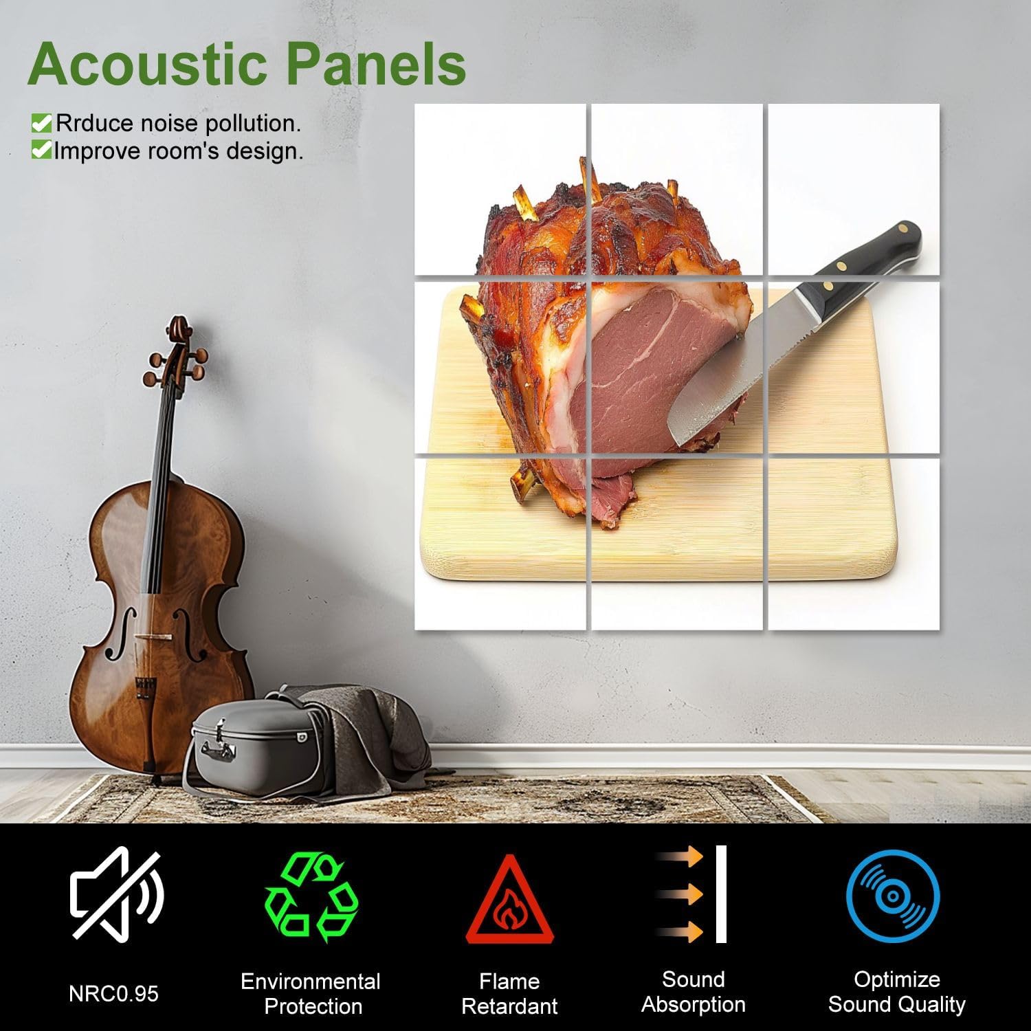Art Acoustic Panels Self Adhesive Roast pork gammon joint 9Packs Decorative Soundproof Wall Panels Large Sound Absorbing Panels for Home Office 60