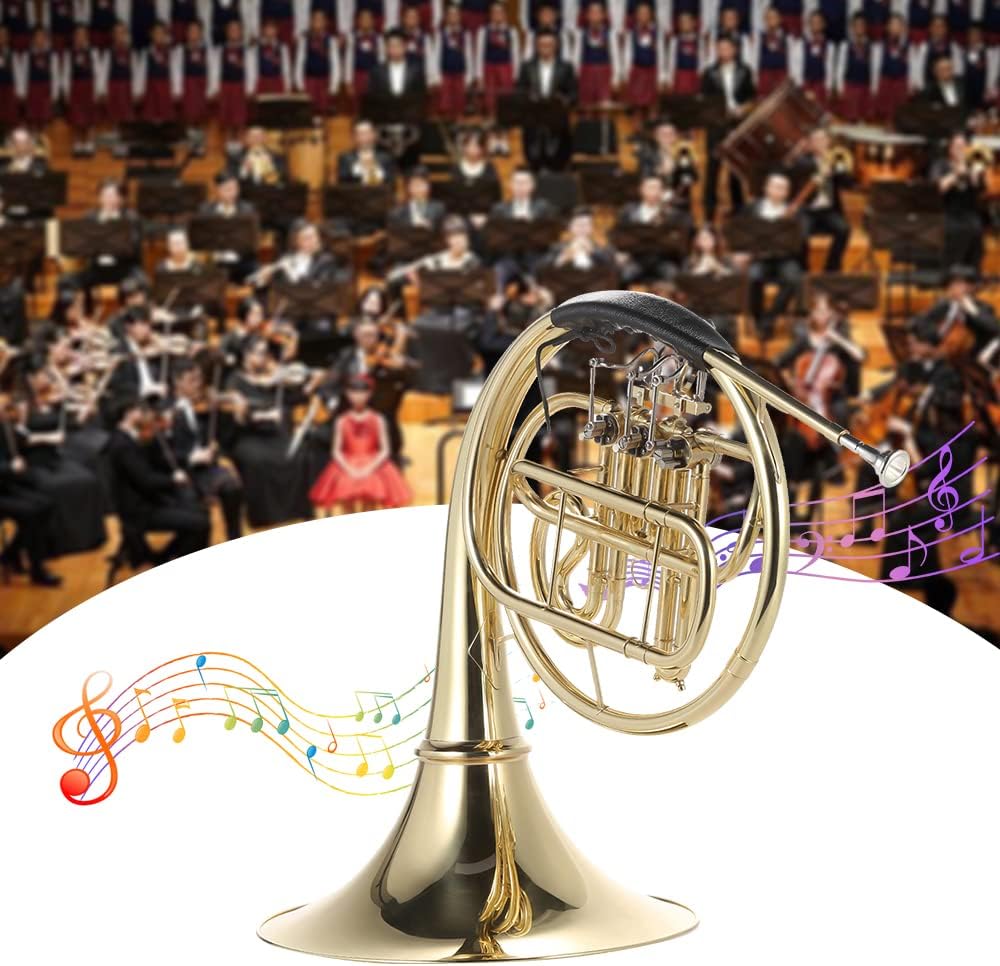 Single Row Three Key French Horn, Brass Gold Lacquer French Horn with 3 Keys in Bb Mouthpiece Gloves Cleaning Cloth, for Student Beginner Teacher