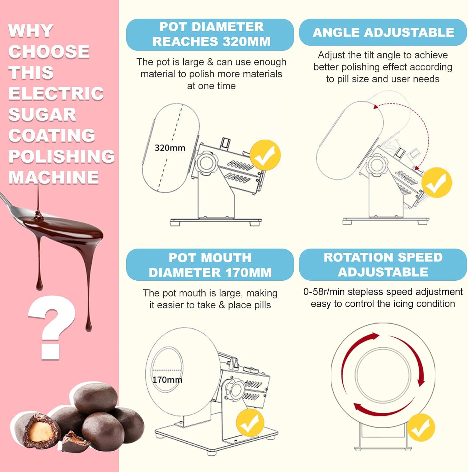 Sugar Coating Chocolate Polishing Machine | Electric Nuts&Food Drum Mixer | Chocolate Panning Machine | Stainless Steel Pot Body 320mm & Output:1-3kg/Time & Adjustable Angle/Speed