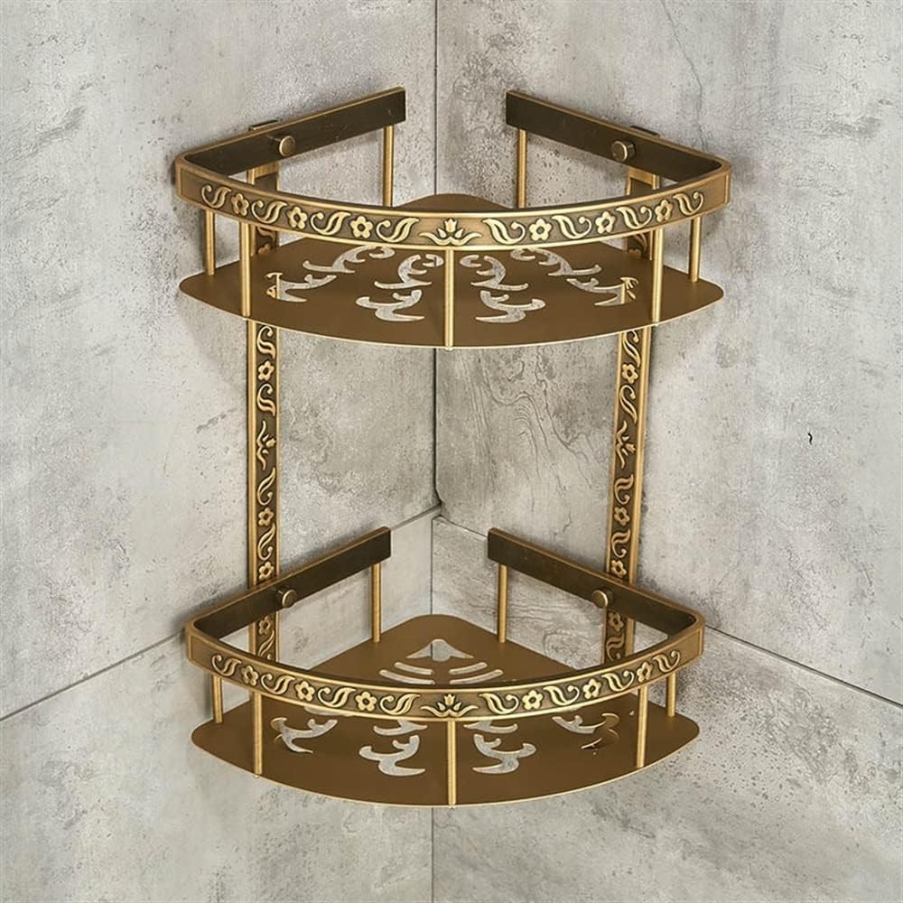 Corner Shower Caddy Nail Free Bathroom Shelves, 2 Layer Antique Metal Shower Corner Shelf, Wall Mount Shampoo Storage Shelf Shower Organizer，B