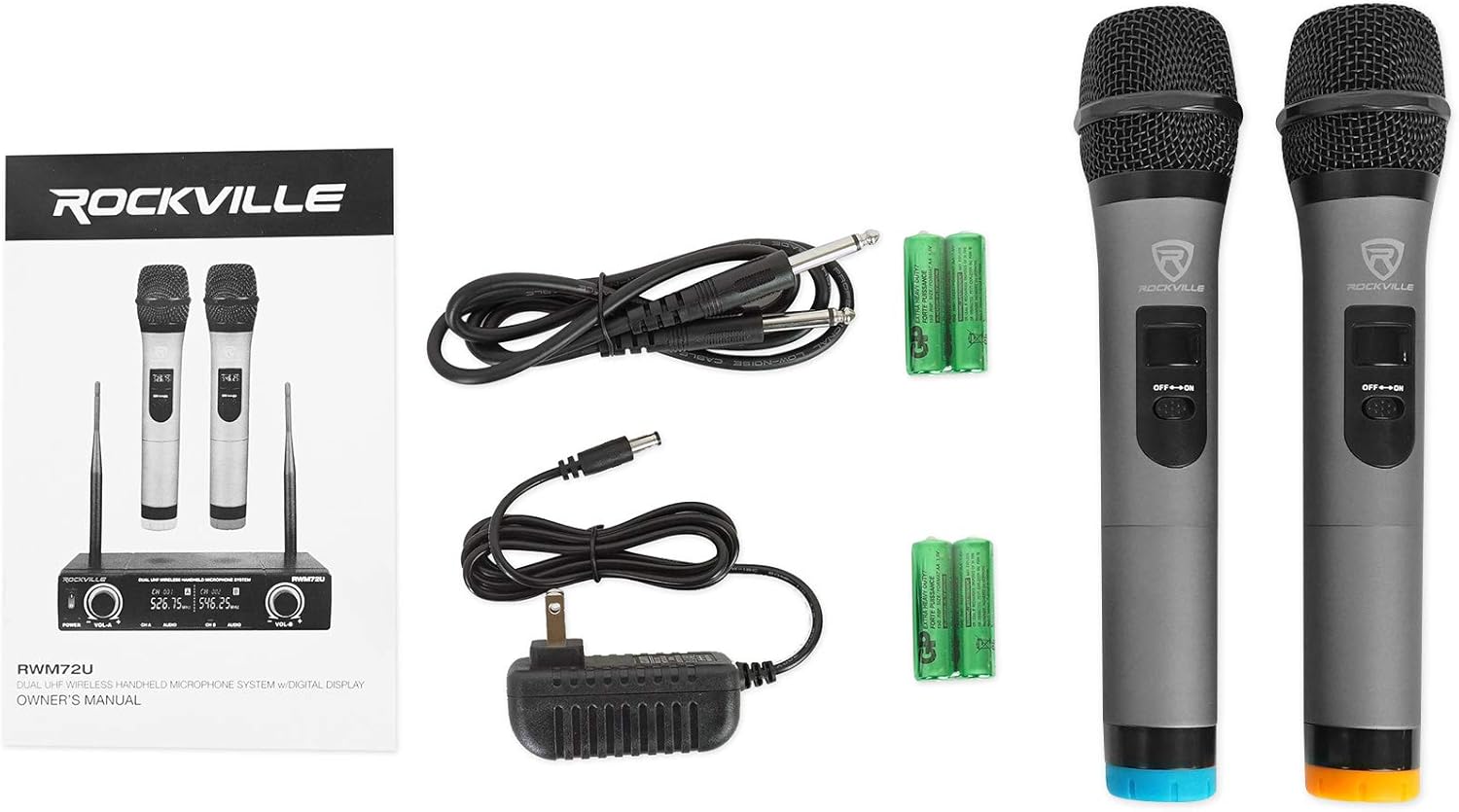 Rockville RWM72U Dual UHF Wireless Handheld Microphone System, Digital Display, Long Range, Noise Filter, for Karaoke and Live Performances