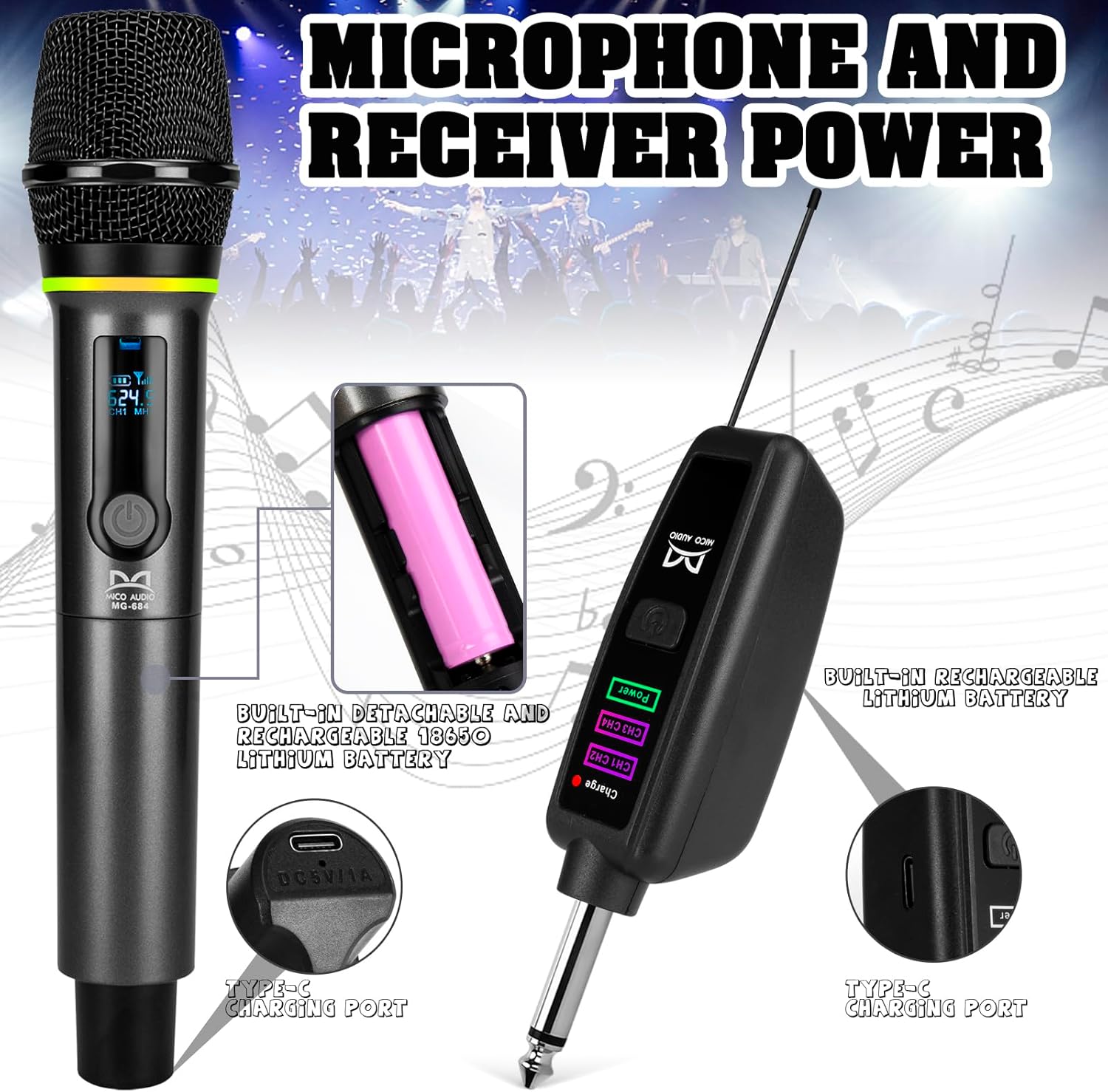 QiCheng&LYS 4 Wireless Microphones with Rechargeable Receiver, 2.4G Cordless Mics with Volume Control, Handheld Dynamic Mic System for Church Singing Karaoke Wedding, 200ft