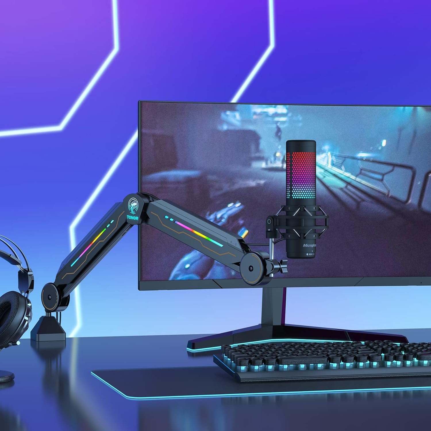 RGB Boom Arm, TONOR Adjustable Mic Stand with RGB Light, 5/8’’ Screwadapter, Excellent Compatibility, Rotatable Suspension Boom Scissor Stand for Gaming Streaming Podcasting YouTube Recording T90