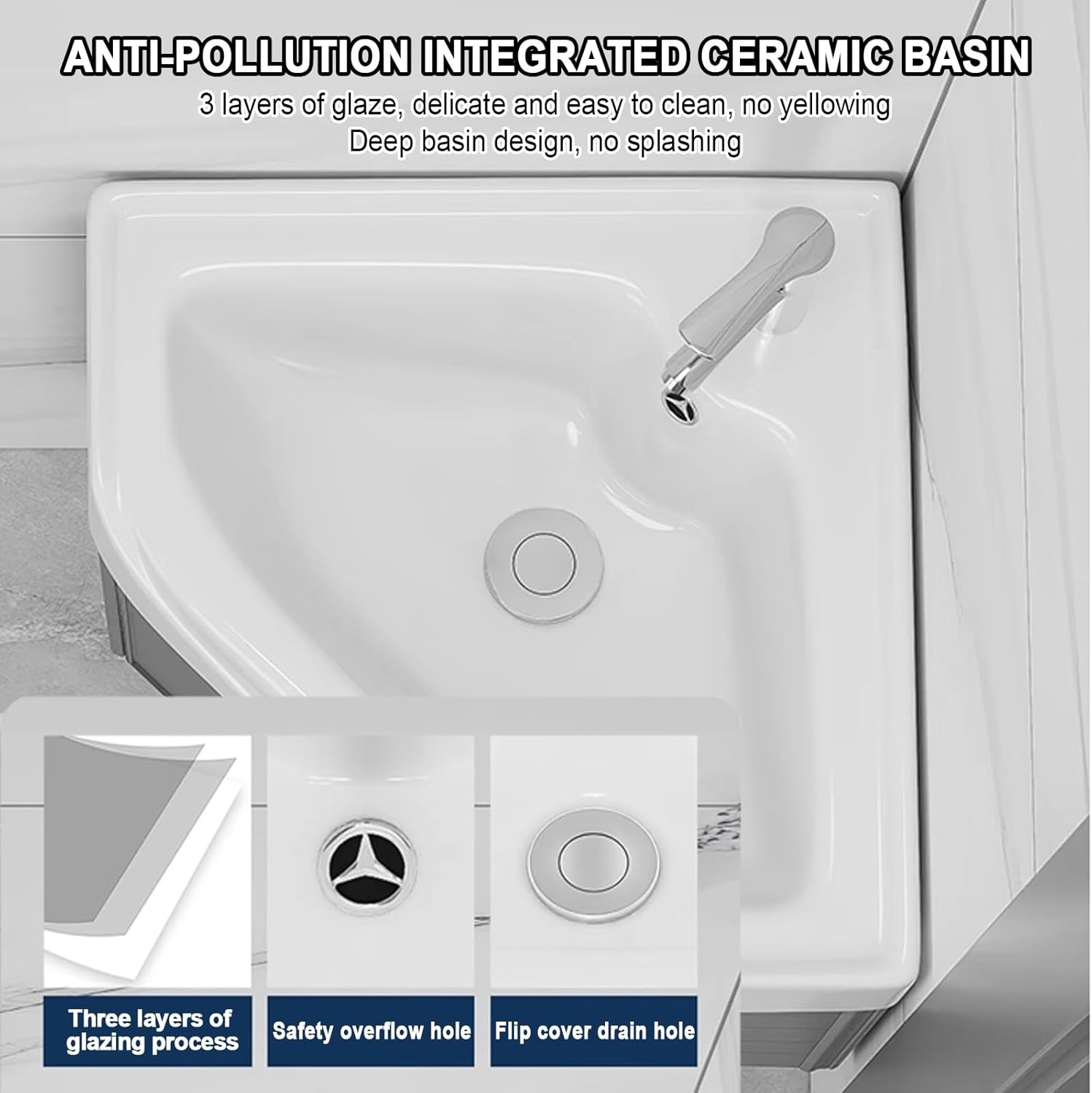 Ceramic Small Space Wall Mounted Cabinet Set,Corner Bathroom Vanity cabinets,Bathroom Cabinet with Faucet and Drain,for Home Kitchen Patio Laundry Room.(Color:Black,Size:56 * 56cm)