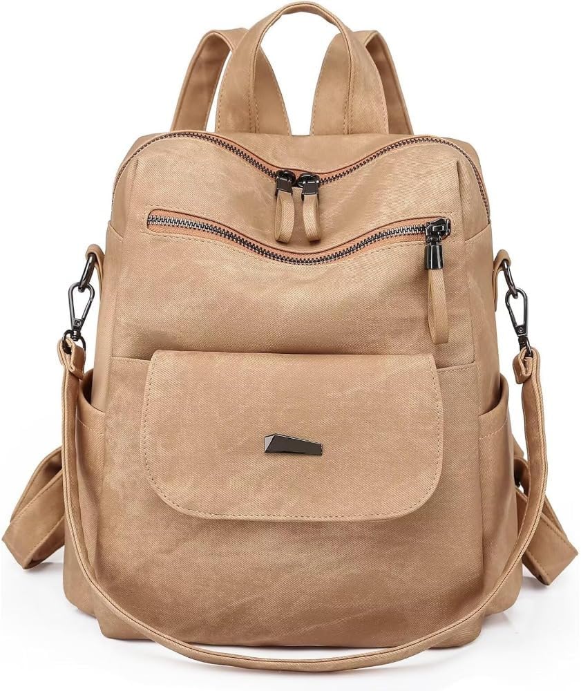 Genuine Leather Backpack Purse for Women, Multipurpose Shoulder Bag, Fashion Travel Backpack (Khaki)