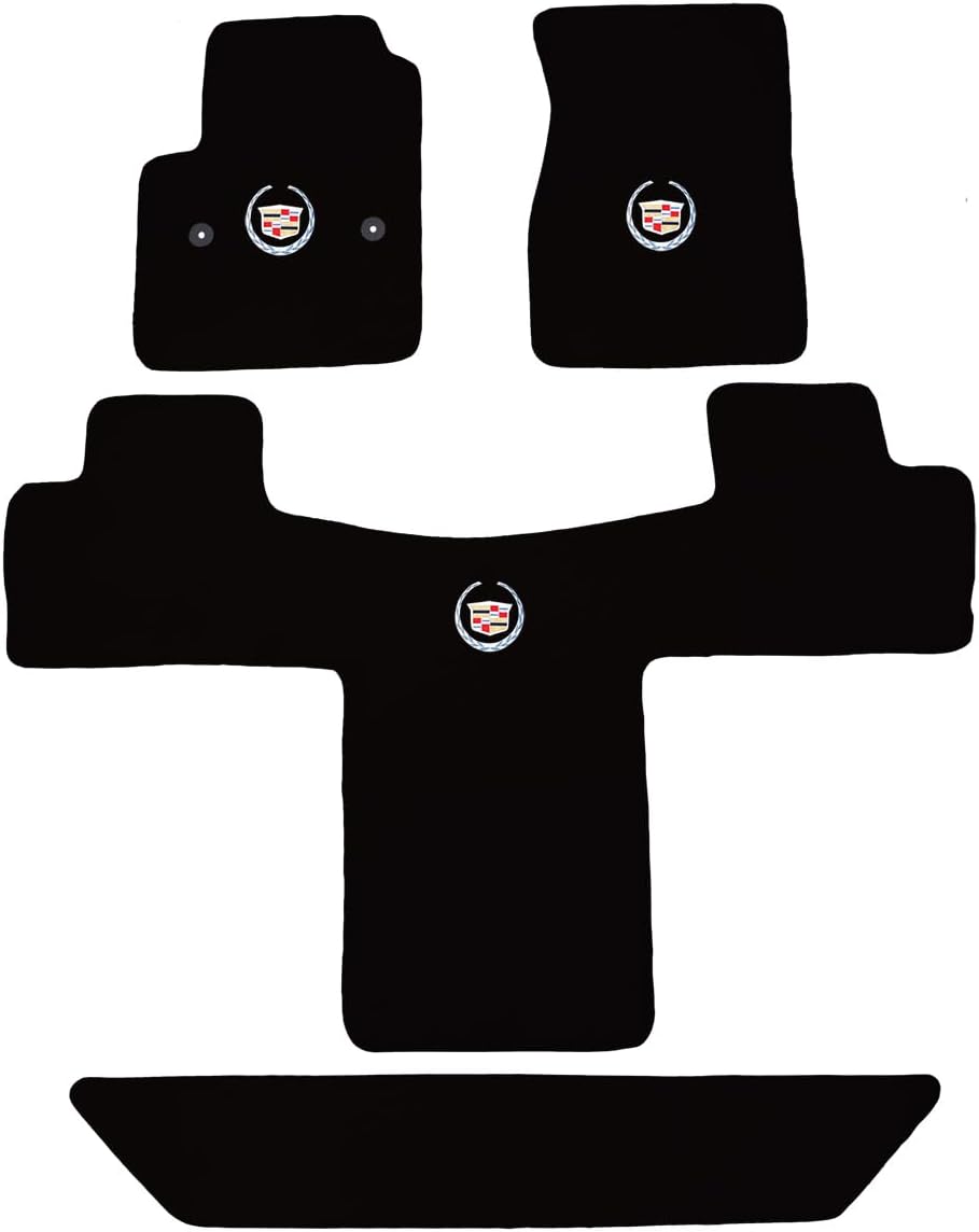 Custom Fit 3-Row 4pc Carpet Floor Mats Compatible with Cadillac Escalade ESV 2015-2020 (2nd Row Captain Seats) with Silver Crest Logo on First Two Rows - Black