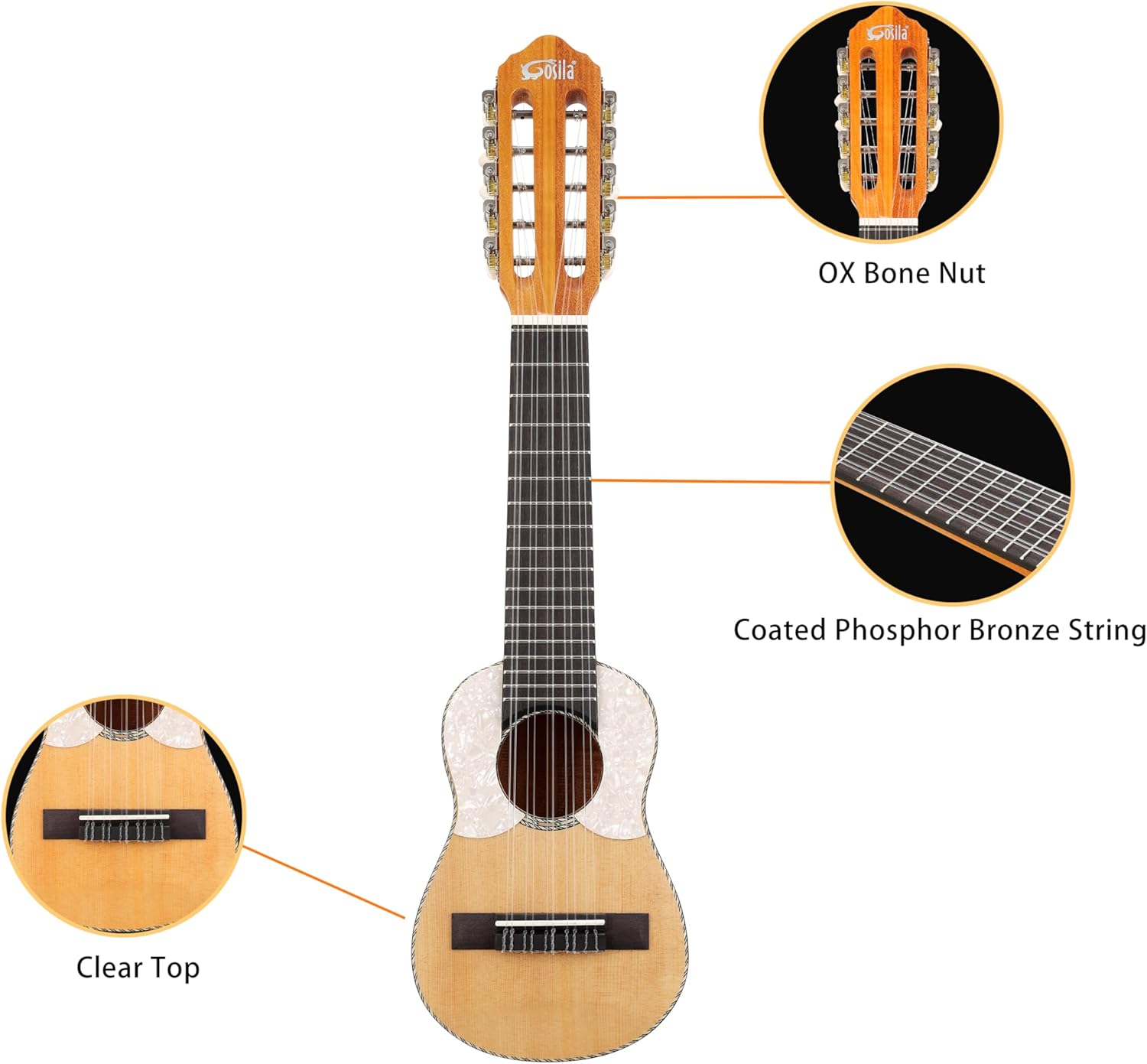 Charango 10-String Traditional Andean Guitar, Solid Spruce Top with Okoume Body, 17 Frets, Includes Case