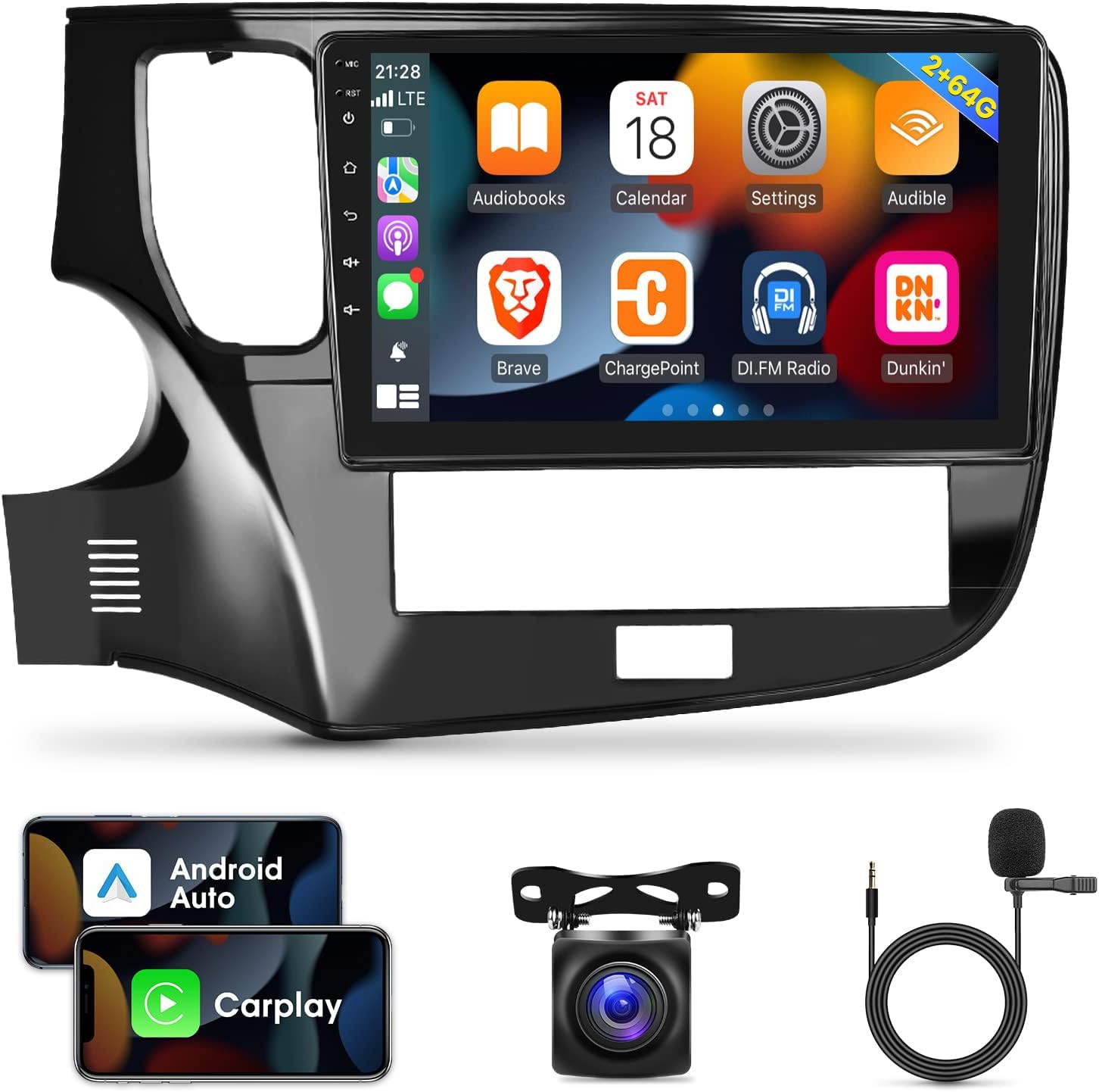 [2G+64G] Car Radio for Mitsubishi Outlander 2018 2019 2020 2021, 10.1 inch Android 13 Touch Screen Stereo, Carplay/Android Auto/Hi-Fi Audio/1080P/SWC/Bluetooth + AHD Backup Camera + MIC