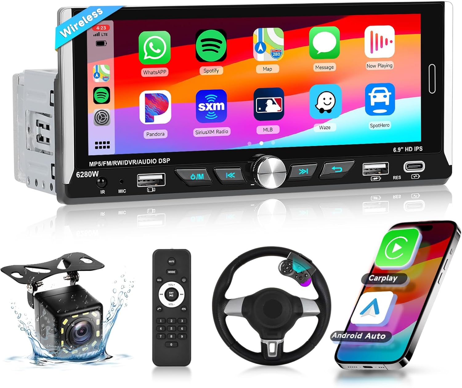 Podofo Wireless Carplay Single Din Radio with Wireless Android Auto, 6.9