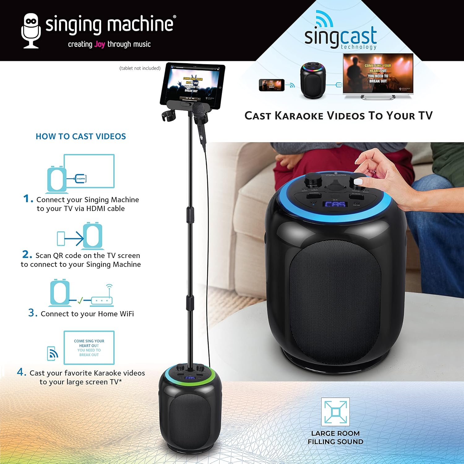 Singing Machine SingCast MAX Bluetooth Video Casting Karaoke Machine, Party Speaker, Microphone, 22 Voice Effects, Pitch Correction, Lights, Stand, 35W Sound for PA System Function for Adults & Kids