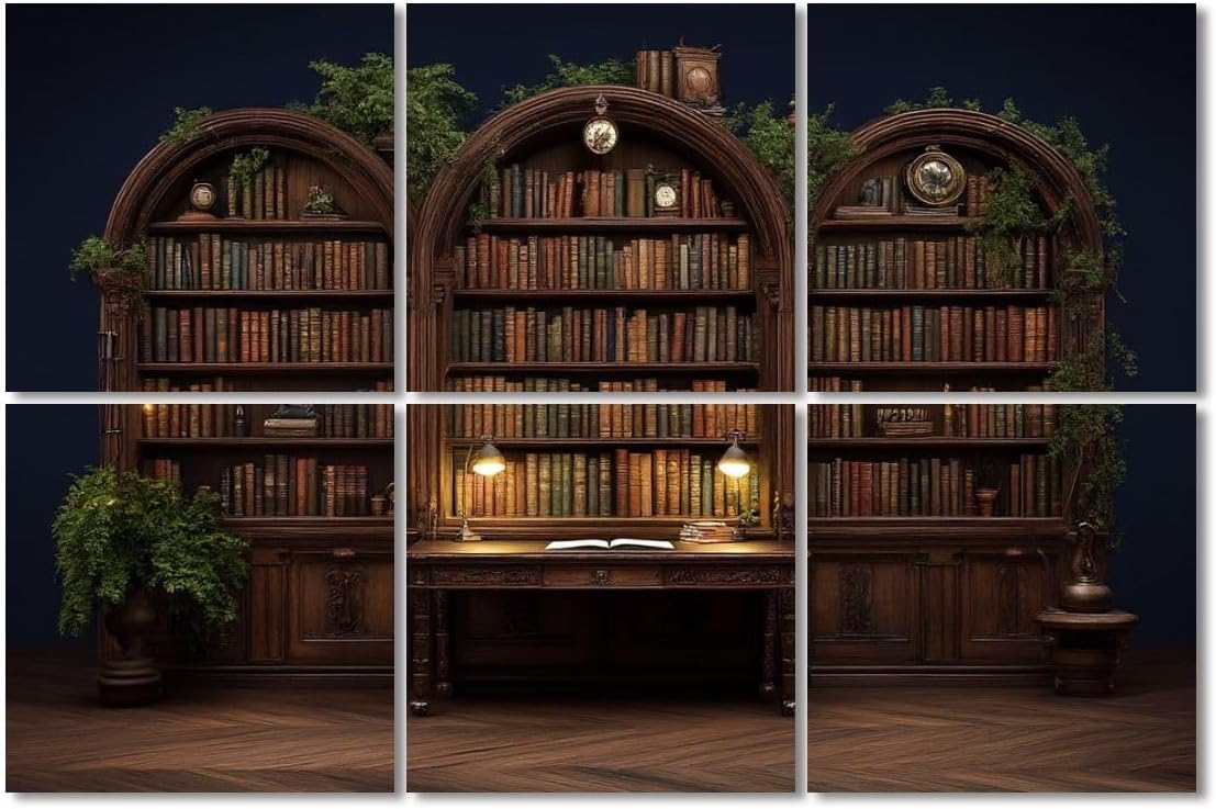 6 Pack Art Acoustic Panels Sound Absorbing Medieval Bookshelf Vintage Gothic Bookcase Spooky Library Dark Decorative Soundproof Wall Panels Self Adhesive for Recording Studios Office 72