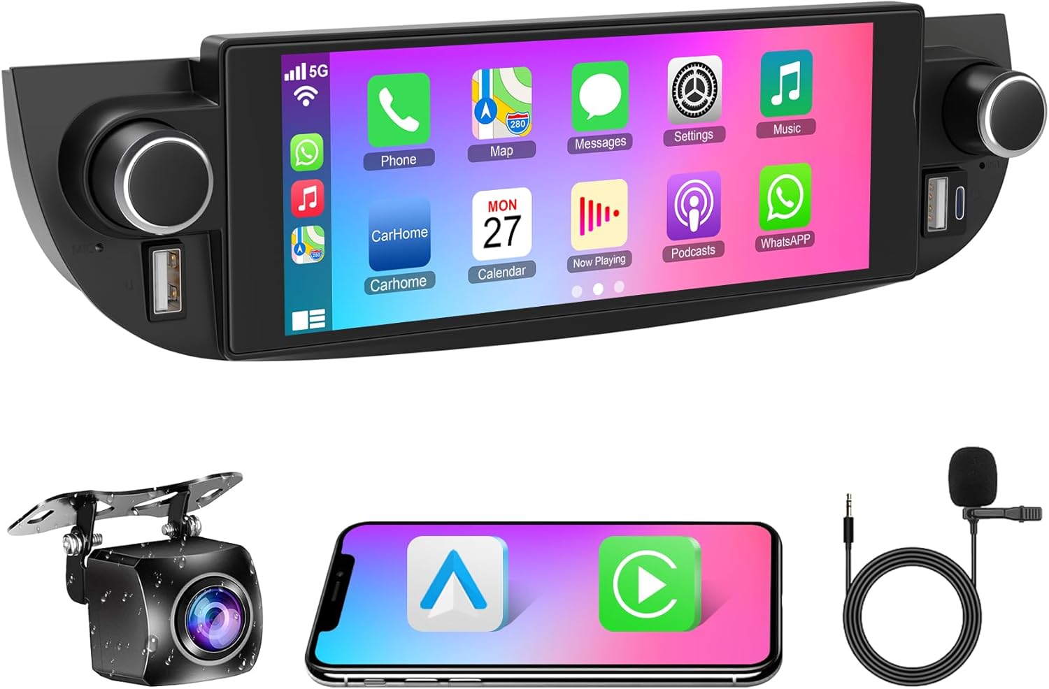 4+64GB Car Radio for Fiat 500 2007-2015 with Wireless Carplay&Android Auto, Android 13 Touchscreen Fiat Stereo with Voice Control Bluetooth 5.2 FM DSP WiFi EQ Backup Camera SWC