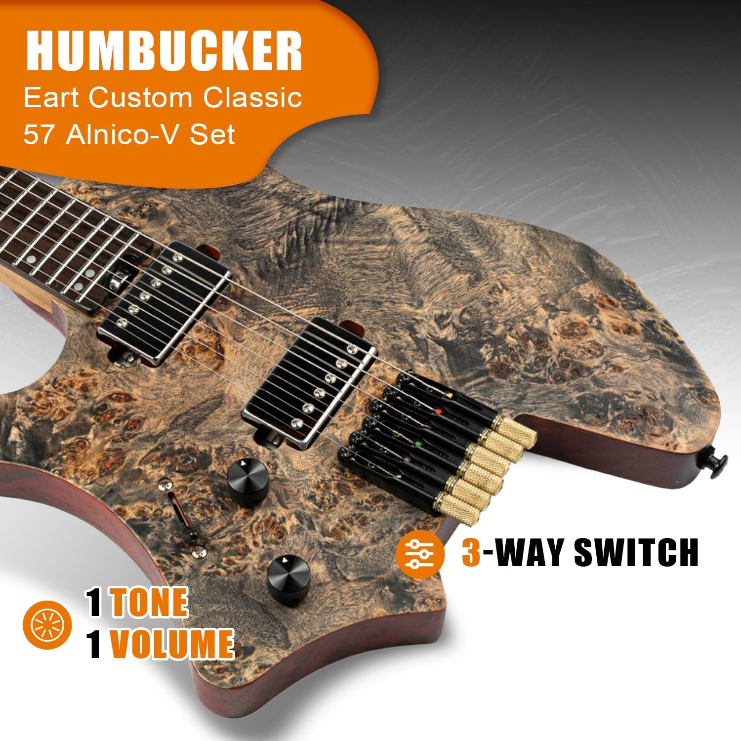 EART GW2L Headless Electric Guitar - Roasted Padauk/Poplar Burl Solid-Body, Compound Radius Neck, Custom Alnico-V Pickups, Headless Bridge System - Left Hand