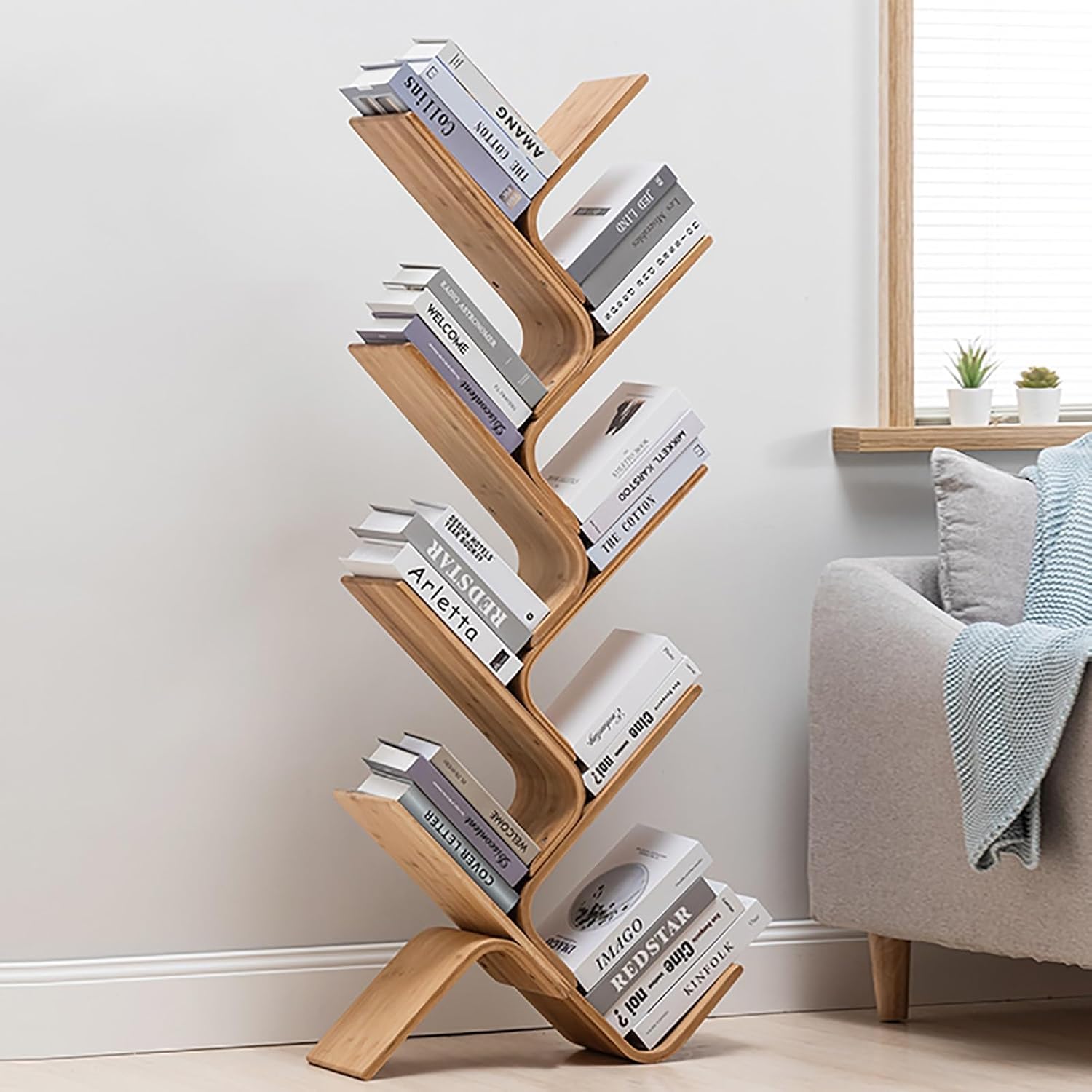 Bamboo Tree Bookshelf, Creative Curved Standing Bookcase Rack, Book Storage Organizer Shelves, Display Floor Book Shelf, Space Saver for Home Office Living Room Bedroom(140cm/55.1in)