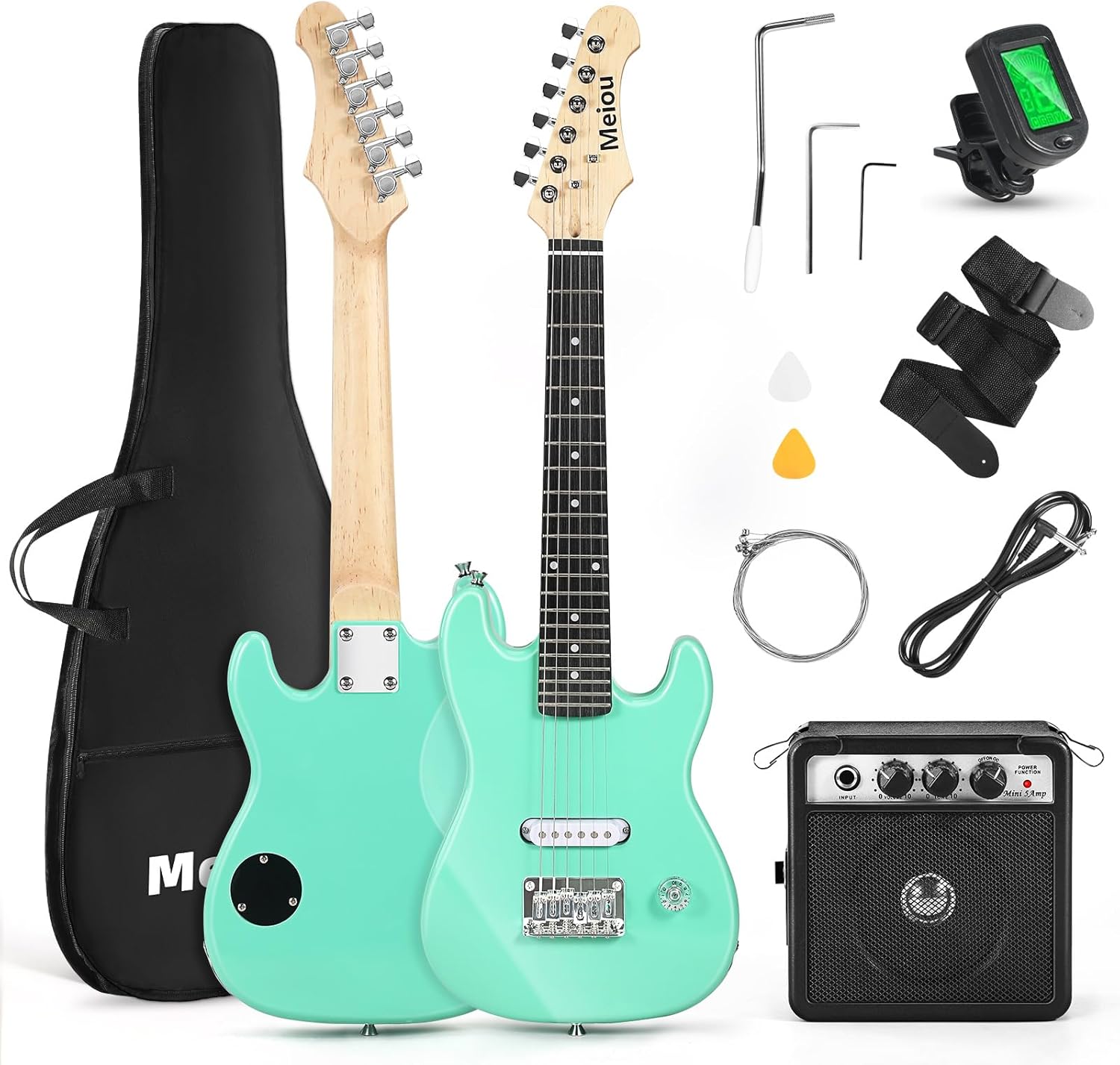 30 Inch Kids Electric Guitar Beginner Kits ST Style Mini Electric Guitar withAmp,Bag,Tuner, Picks, Cable, Strap, Strings (Green)