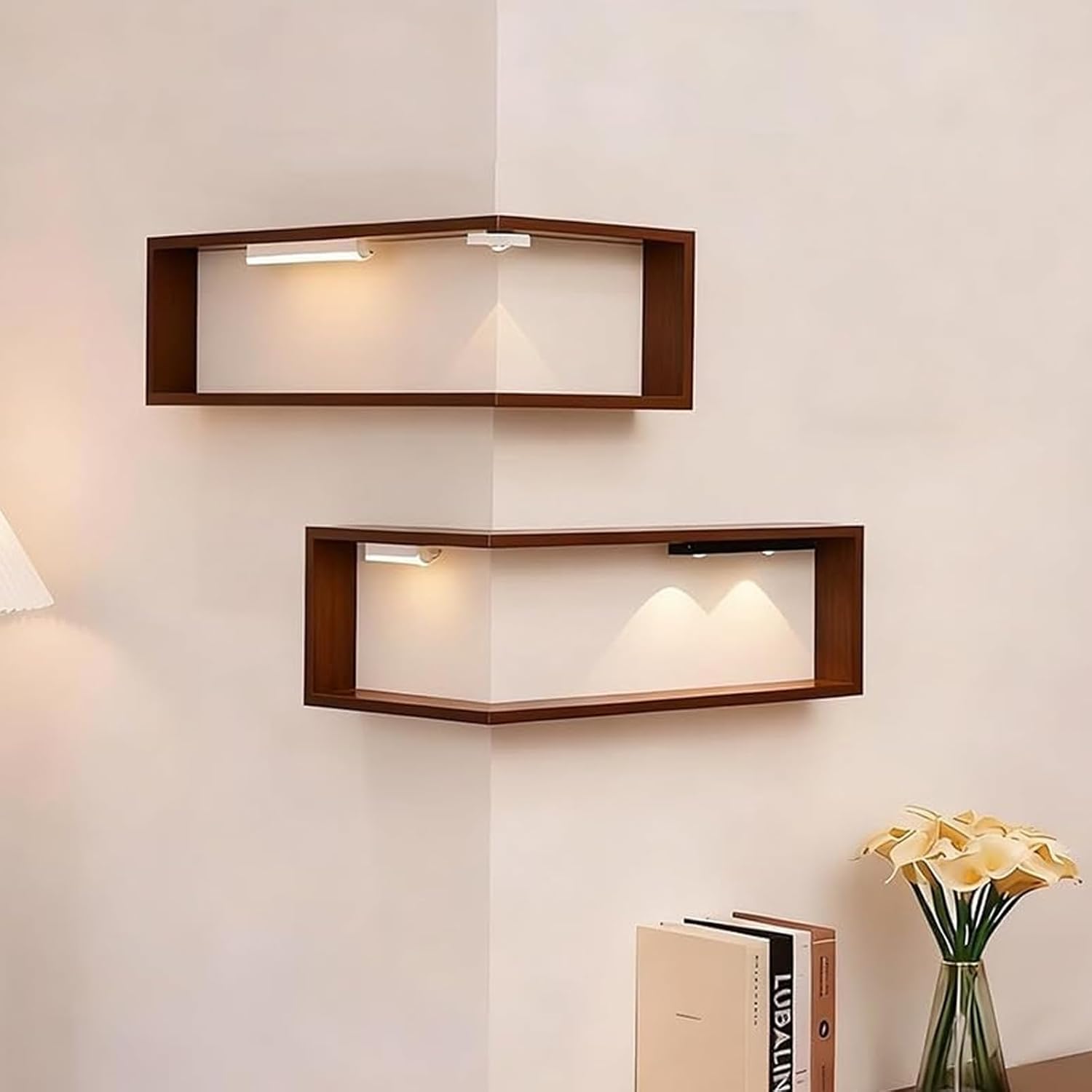 Illuminated Corner Shelf with Remote, Smart Shelves That Light up Your Space, Wooden Corner Wall Shelve with Light for Figurines and Collectibles (2pc with 4 Smart Sensor Lights)