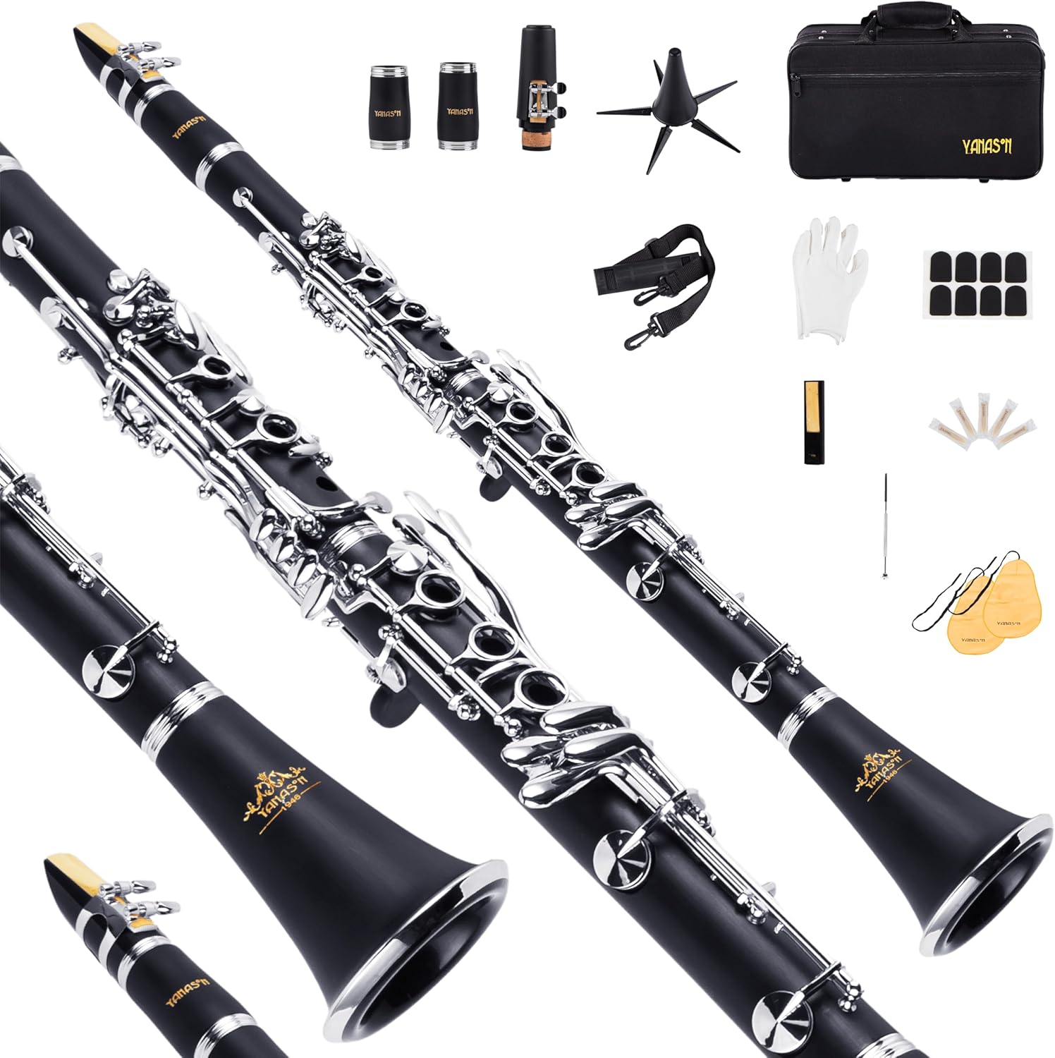 YANASON Bb clarinet for beginners, Bb nickel-plated 17-keys clarinet, suitable for students, professionals, school bands with Hard Foam Case,Barrels*2,Pads*8,Stand, Cleaning Kit,Gloves,Strap,Reeds*8