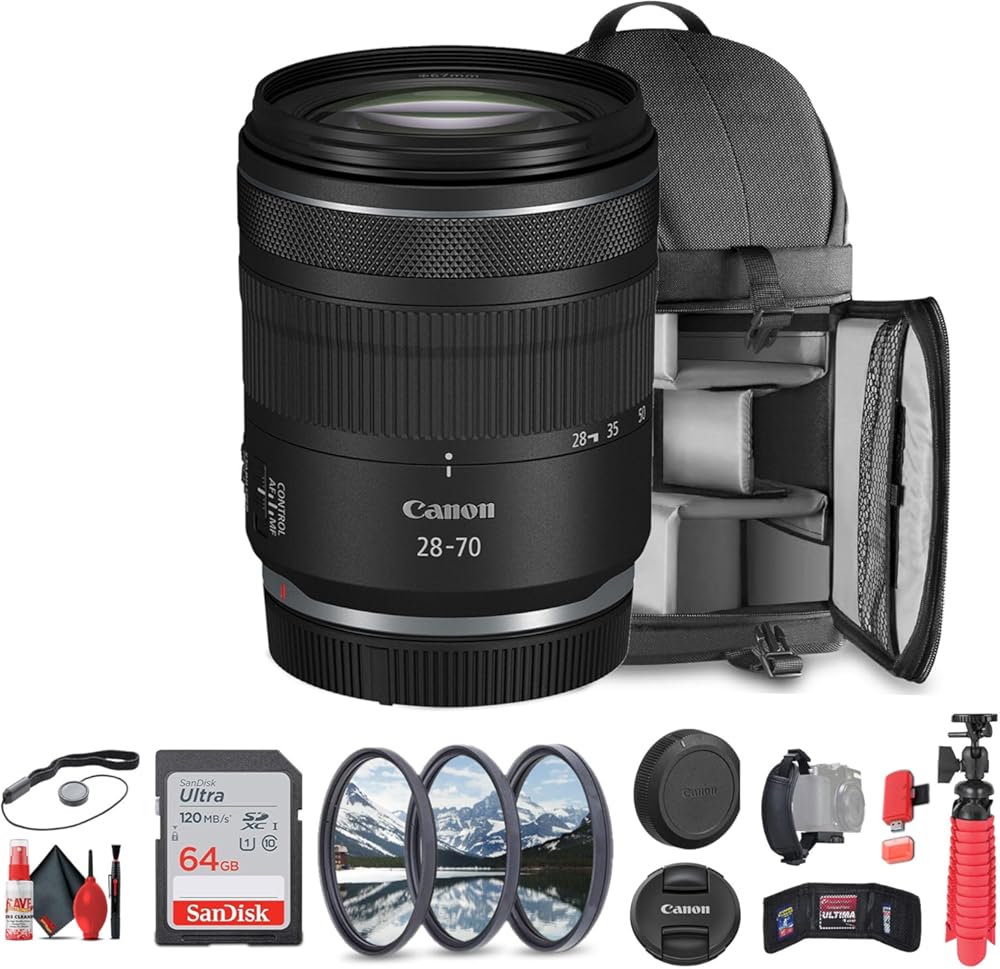 Canon RF 28-70mm f/2.8 is STM Lens (Canon RF) (6535C002) + Backpack + 64GB Memory Card + Lens Kit + Flexible Tripod + Cleaning Kit + Hand Strap + Card Wallet + Card Reader + More (Renewed)