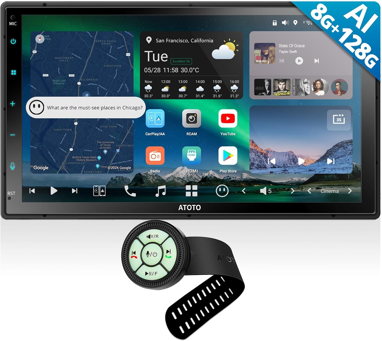 AC-44F60 Watchband Style Multifunctional Wireless Remote,for X10G2B7E,7inch Double Din Android Car Stereo, Talk to ChatGPT AI, 4G LTE, Wireless Carplay & Android Auto,8G+128G