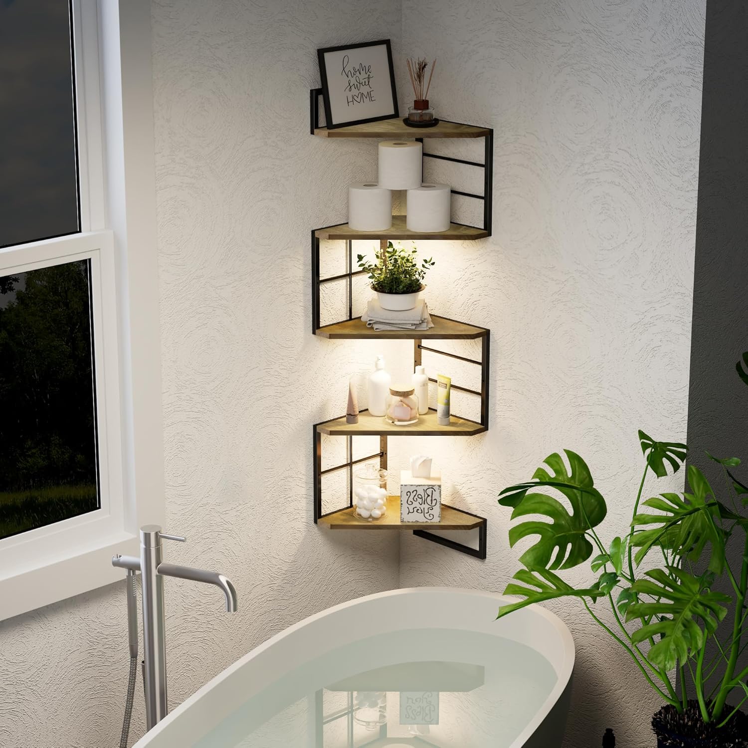 Floating Corner Shelves with Light - 5 Tiers Metal Corner Shelf Wall Mounted for Bedroom Living Room Office Kitchen, Easy-to-Assemble Corner Wall Shelves, Brown