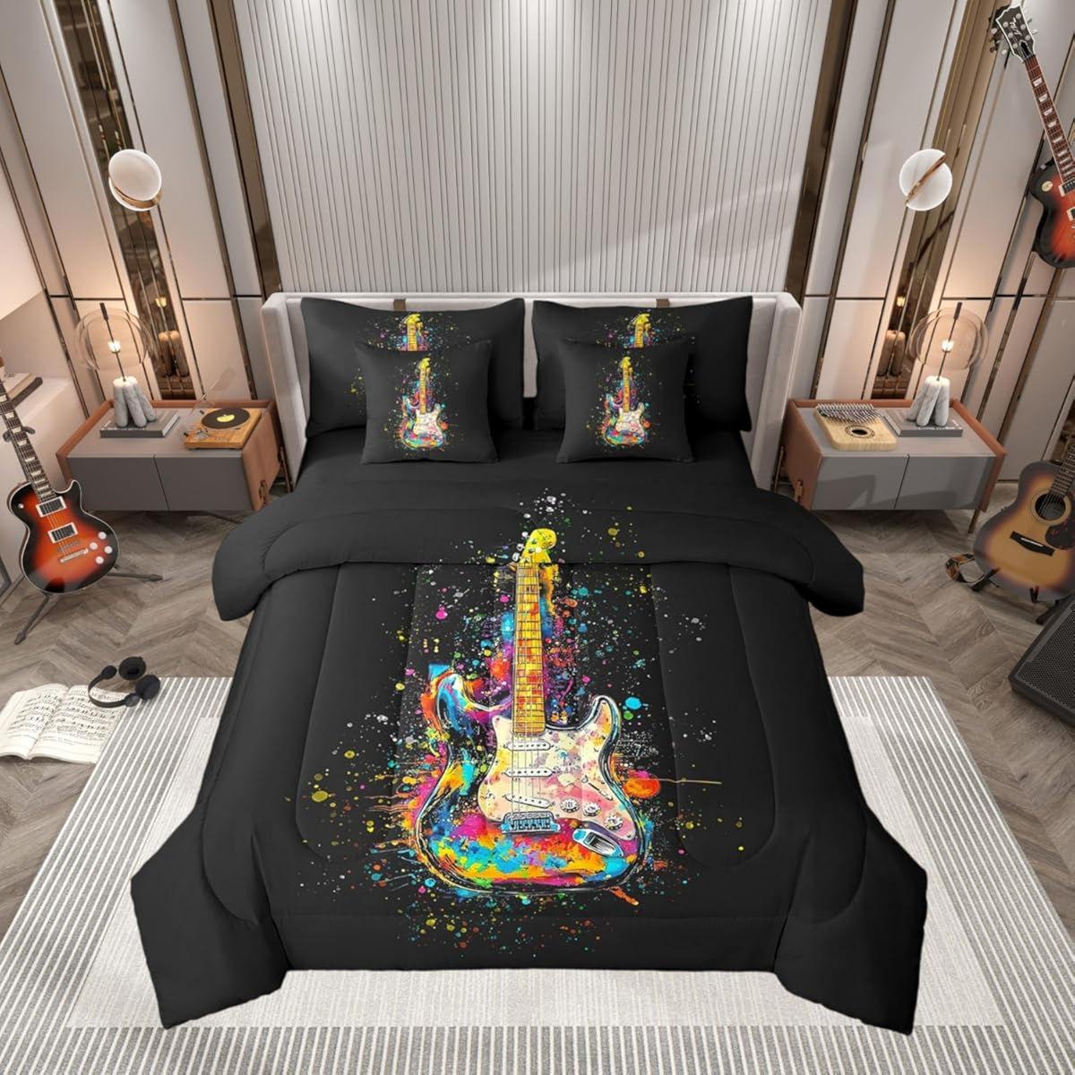 Castle Fairy Music Guitar Comforter Set Bed in a Bag 7 PCS King,Pop Music Lover Bedding Set with Sheets,Watercolor Bass Musical Instrument All Season Lightweight Bed Set for Kids Adults Bedroom Decor