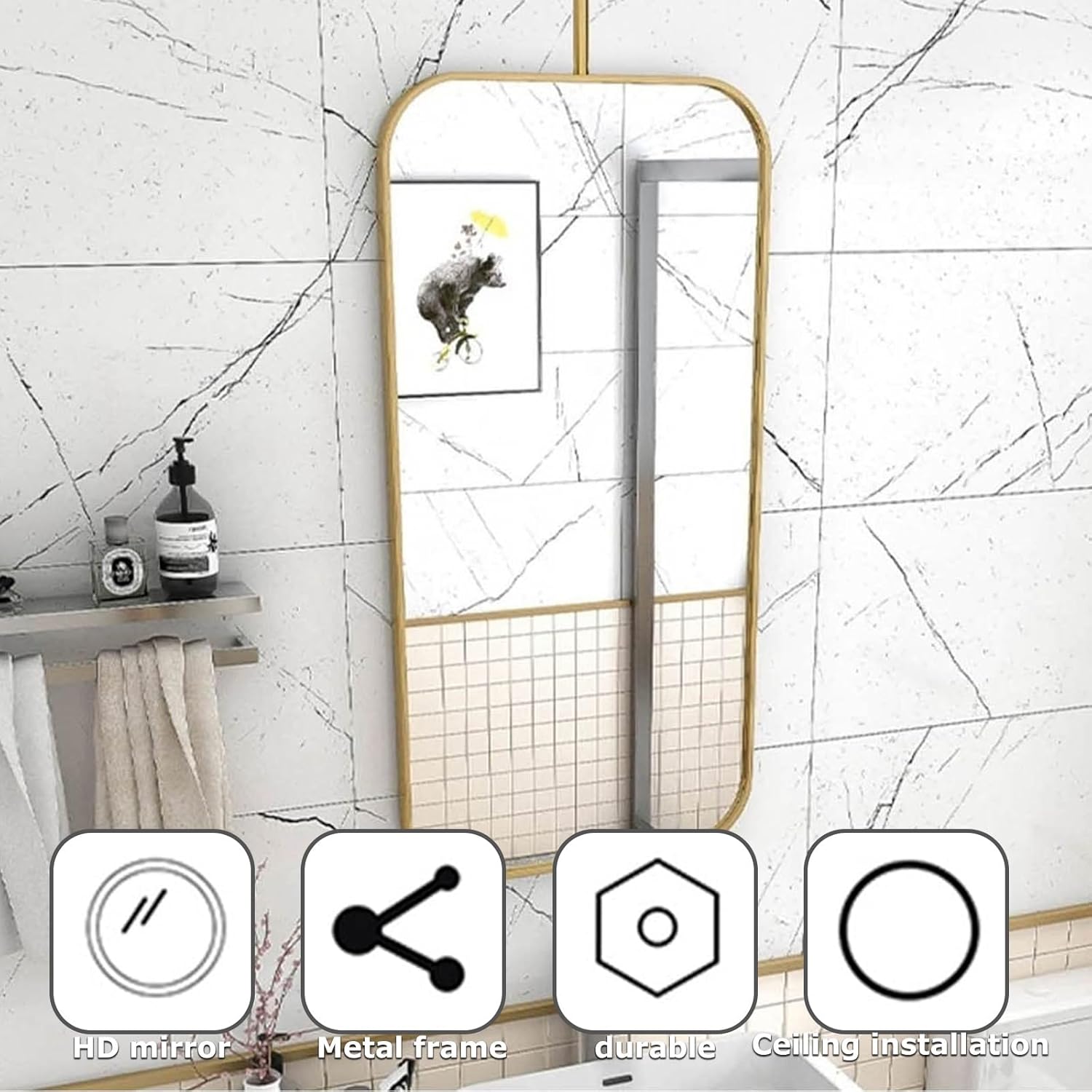 Ceiling Hanging Mirror Ceiling Mounted Bathroom Mirror Big Square Wall Mount Vanity Decor Metal Pole Ceiling Suspended Mirror Corner Mirrors For Bathroom Bedroom Bathrooms Entryway Large Suspend(60cmL