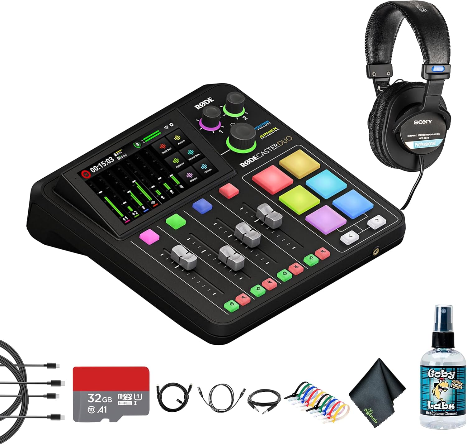 RODE RODECaster Duo Integrated Audio Production Studio | Compact Mixer with Dual USB Interface & Bluetooth | For Podcasting & Live Streaming (RCDUO) + Studio Headphones + 32GB MicroSDHC Card + More