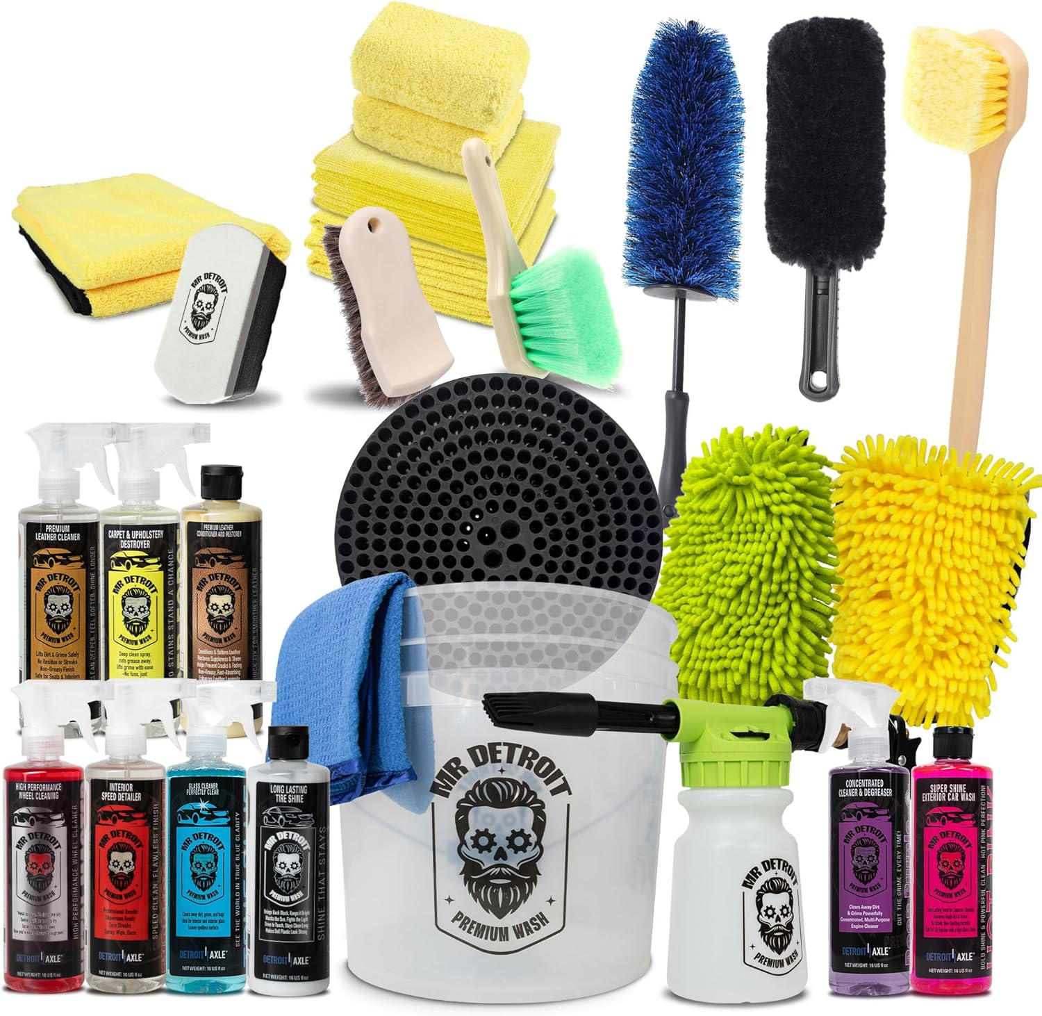 Mr. Detroit - 25pc Car Wash Kit with Car Care Cleaners, Car Wash Gloves Mitt Towels Bucket, Wheel Rim Brushes Tire Shine, Leather Conditioner, Sponge Pads, Interior & Exterior Detailing for Vehicles