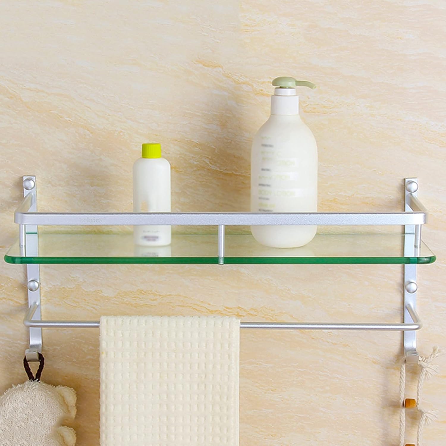 Shower Shelves,Corner Shower Caddy, Wall Mount Space Aluminum Tempered Glass Rack, Shower Caddy Shelf with Hooks and Towel Rack, Silver (Size : 60cm/23.6in) ( Size : 40cm/15.7 ( Size : 40cm/15.7in )