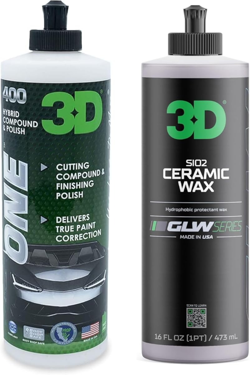 3D One Car Scratch & Swirl Remover + 3D SiO2 Ceramic Wax – Paint Correction & Hydrophobic Gloss Protection – 16 oz Each