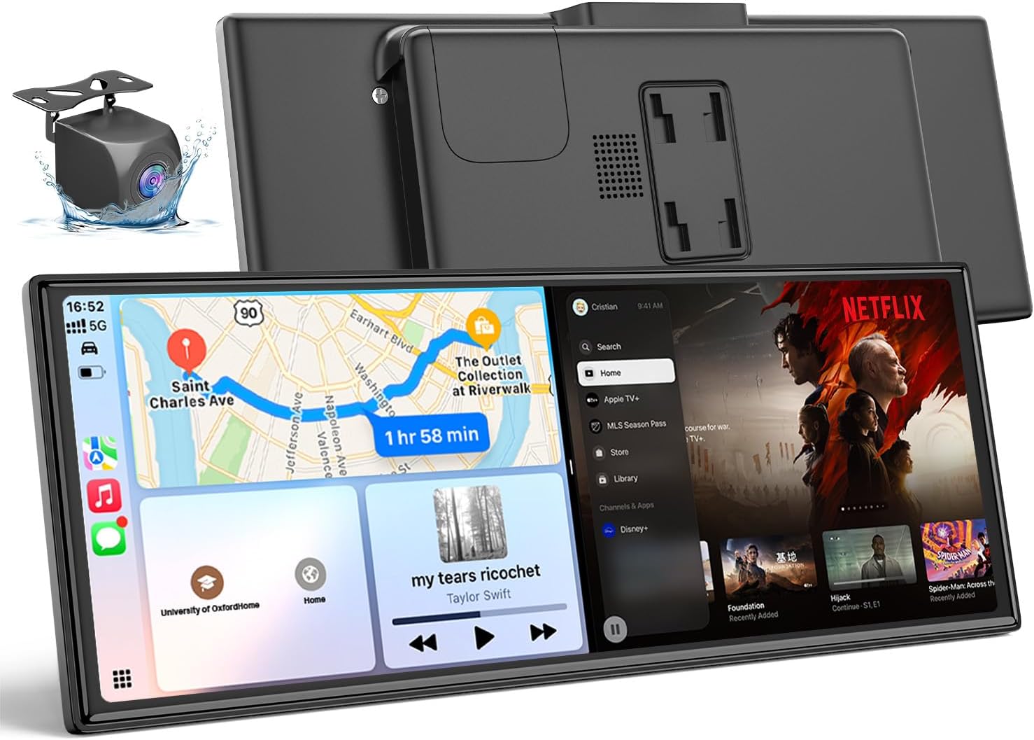 HKA1 Carplay Screen for Car with Netflix/YouTube, True 10.25'' Wireless Apple CarPlay & Android Auto Touchscreen with 1080P Backup Camera, Apple Car Play, Built-in Apps,Split-Screen,Dual WiFi,GPS,Siri