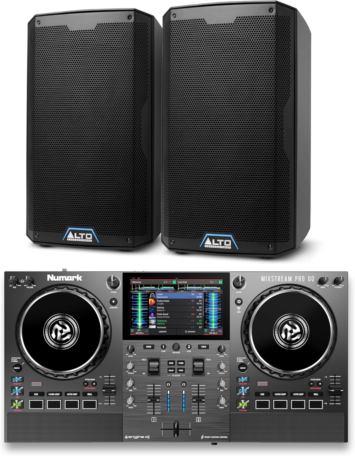 Numark Mixstream Pro Go DJ Controller and ALTO TS415 Powered PA Speakers Pair for Live Music, DJ sets, Events, Music production