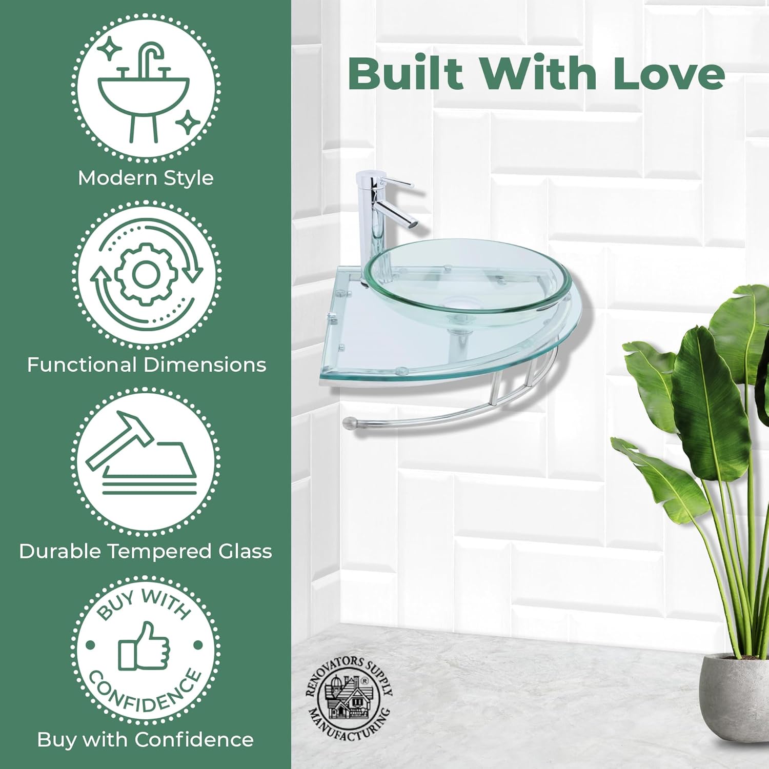 Renovators Supply Talula Corner Glass Wall Mounted Sink Round Shape Wall Hung Bathroom Vessel Sink Crystal Clear Tempered Glass Console With Chrome Faucet, Pop Up Sink Drain And Towel Bar Combo