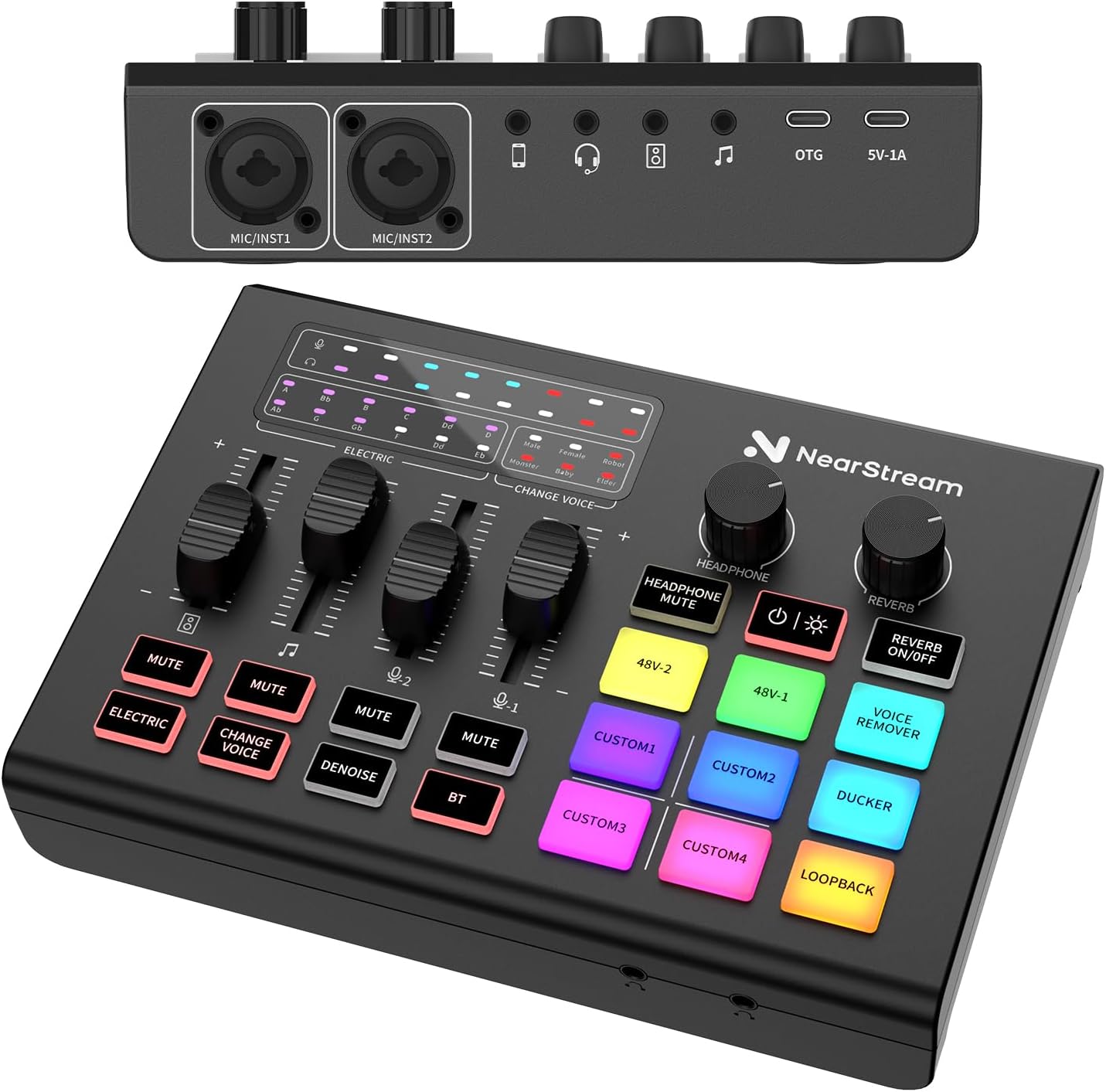 NearStream Gaming Audio Mixer with Pro Mic Preamp, Dual XLR/6.35mm Inputs, 48V Phantom, RGB, Voice Changer, Sound Pads, Loopback, Reverb, Denoise – Audio Interface for Podcast/Stream/Music (AMIX20U)