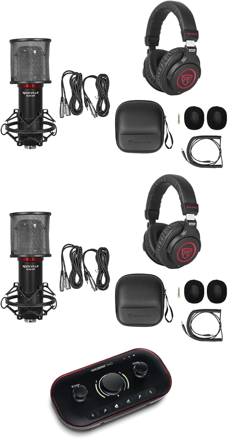 Audiosavings Bundle: (1) Focusrite Vocaster Two USB-C Audio Recording Interface Bundle with (2) Rockville Studio Headphones & (2) Rockville RCM SR Studio/Recording Condenser Microphone (5 Items)
