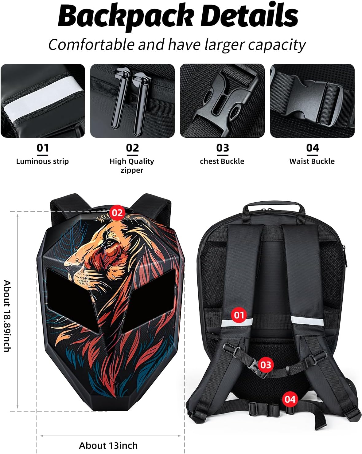 Gelrova Lion Knight Serise LED Backpack 19inch, LED Rider Backpack for Motorcycle Helmet, Outdoor Fashion Backpack with Eyes